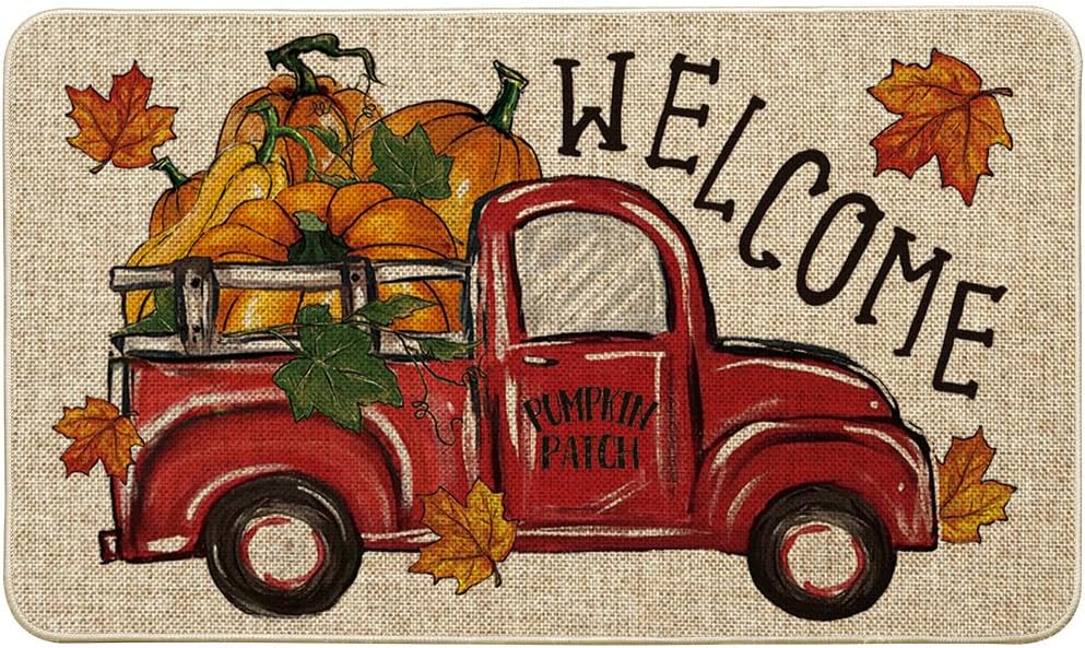 Artoid Mode Red Truck Pumpkin Maple Leaves Fall Welcome Doormat, Home Decor Low-Profile Switch Rug Door Mat Floor Mat for Indoor Outdoor 17x29 Inch