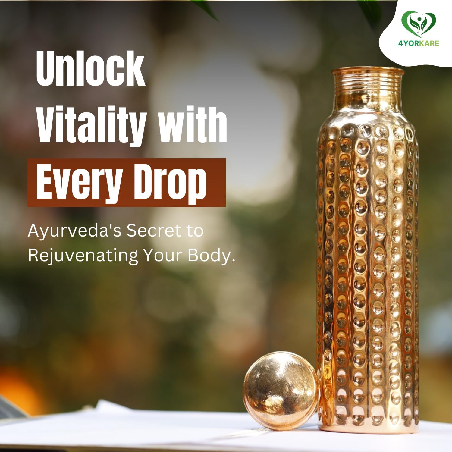 Pure Copper Water Bottle - Ayurvedic 1000ml/34 Oz Hammered Design | Leak-Proof Lid | Handcrafted Copper Vessel for Health Benefits & Sugar Intake Management