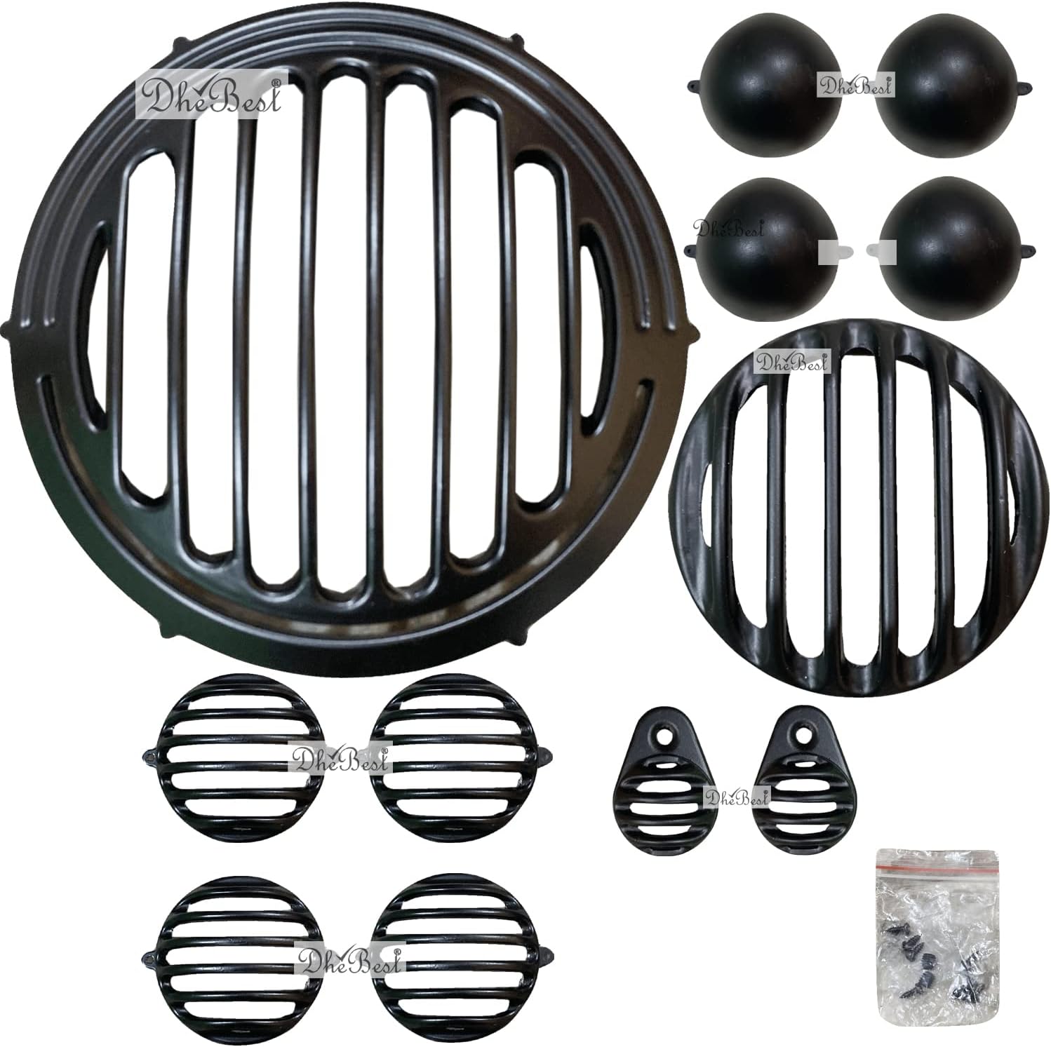 Dhe Best Bike Head Light Grill/Jali + Indicator Grill + Indicator Cap +Tail Light Grill and Headlight Indicator Grill Metal Black Set of 12 Compatible with RE Classic Reborn 350