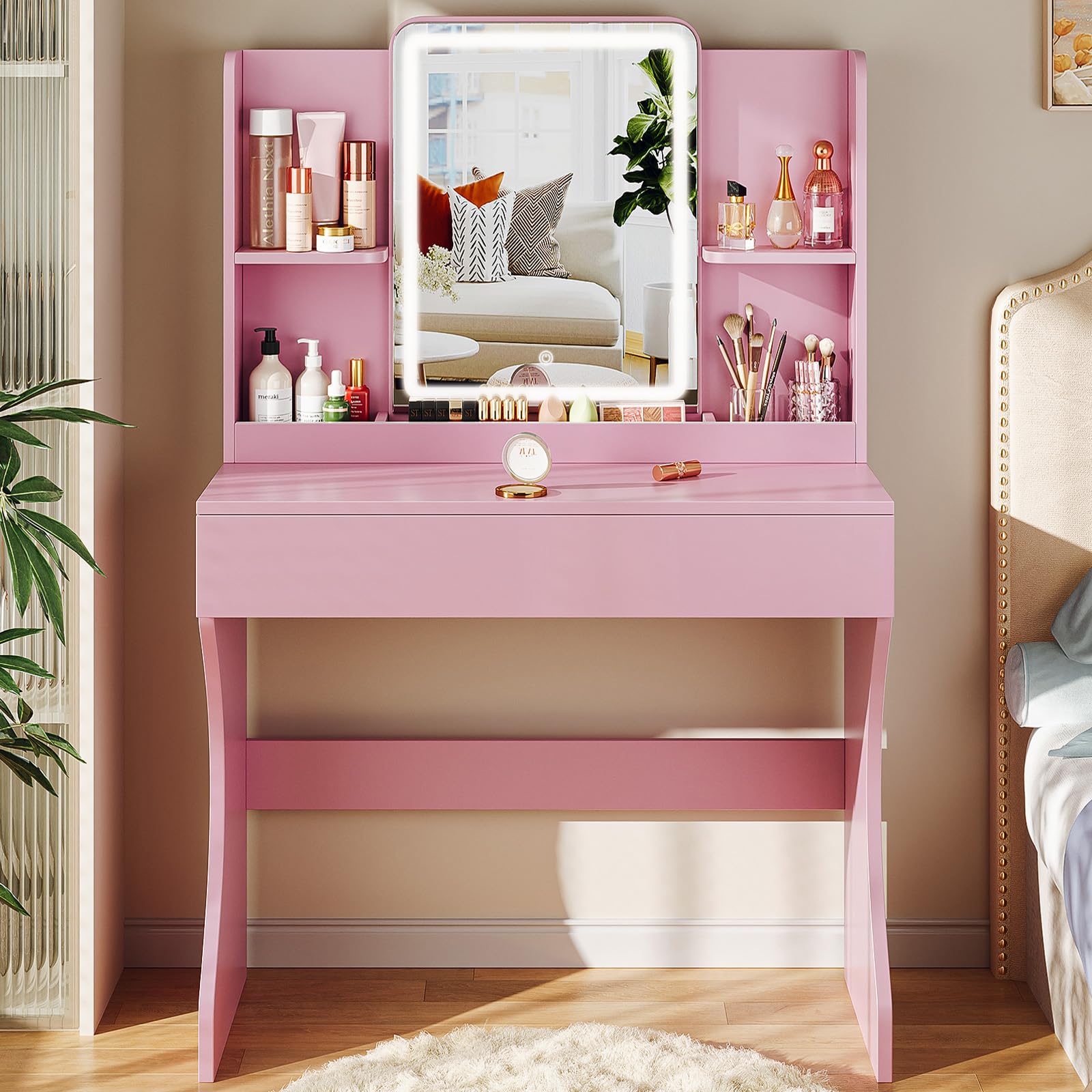 Driftalia Small Vanity Desk with Mirror and Lights, Makeup Vanity with Storage Drawer, 2 Shelves and 3 Compartments - Pink