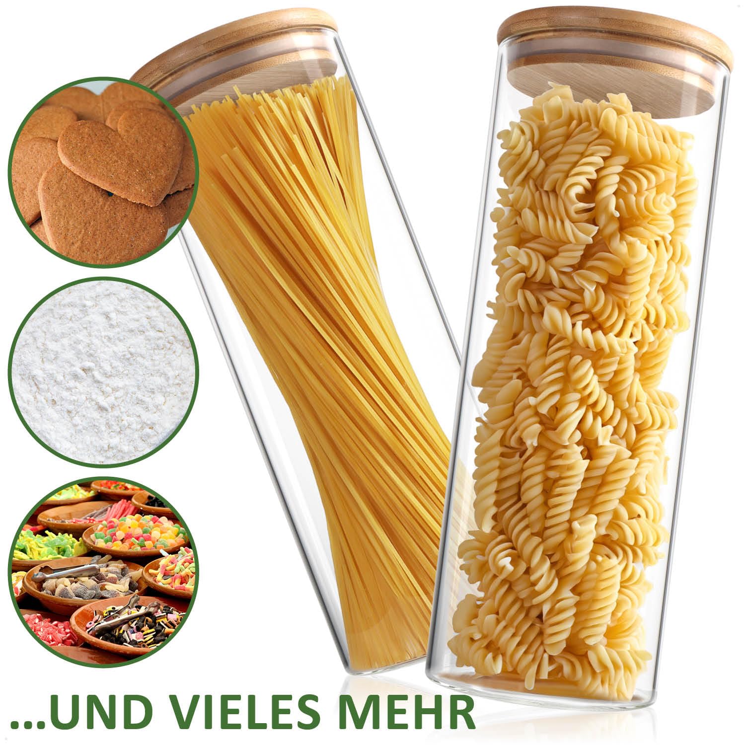 2x Barattoli con coperchio in bambù 1800ml - barattoli per alimenti in vetro borosilicato rinforzato - barattoli ermetici - barattolo rotondo riutilizzabile 1.8L (02 pezzi - 1800 ml)
