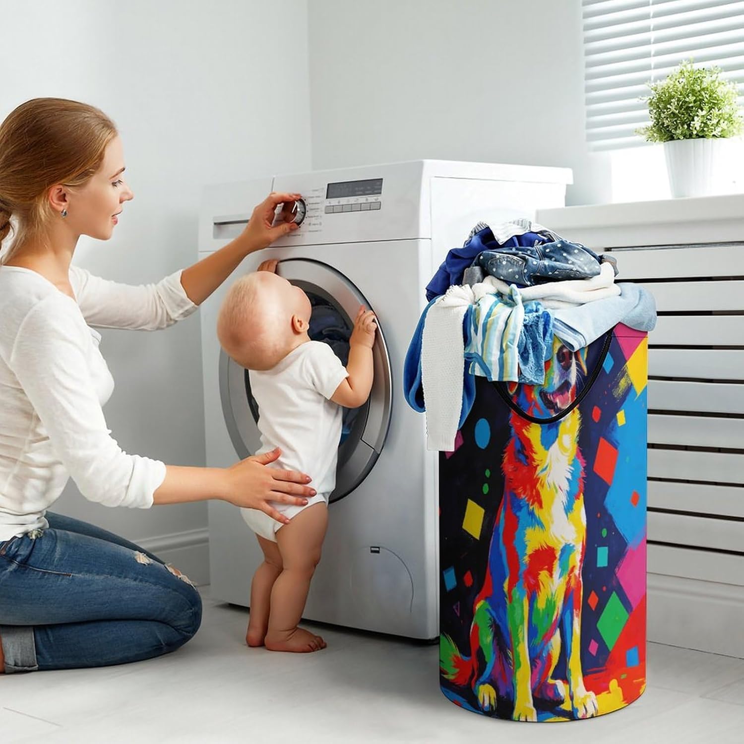 Colorful Dog Laundry Hamper 86L Waterproof Collapsible Clothes Basket with Double Handles Freestanding Foldable Laundry Basket Large Clothes Hamper for Bathroom