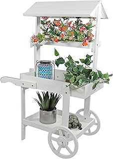 Sunnydaze Flower Cart Display Stand with Wheels - Dessert Candy Cart - Market Flower Display Stand - 2 Shelves - Fir Wood - White