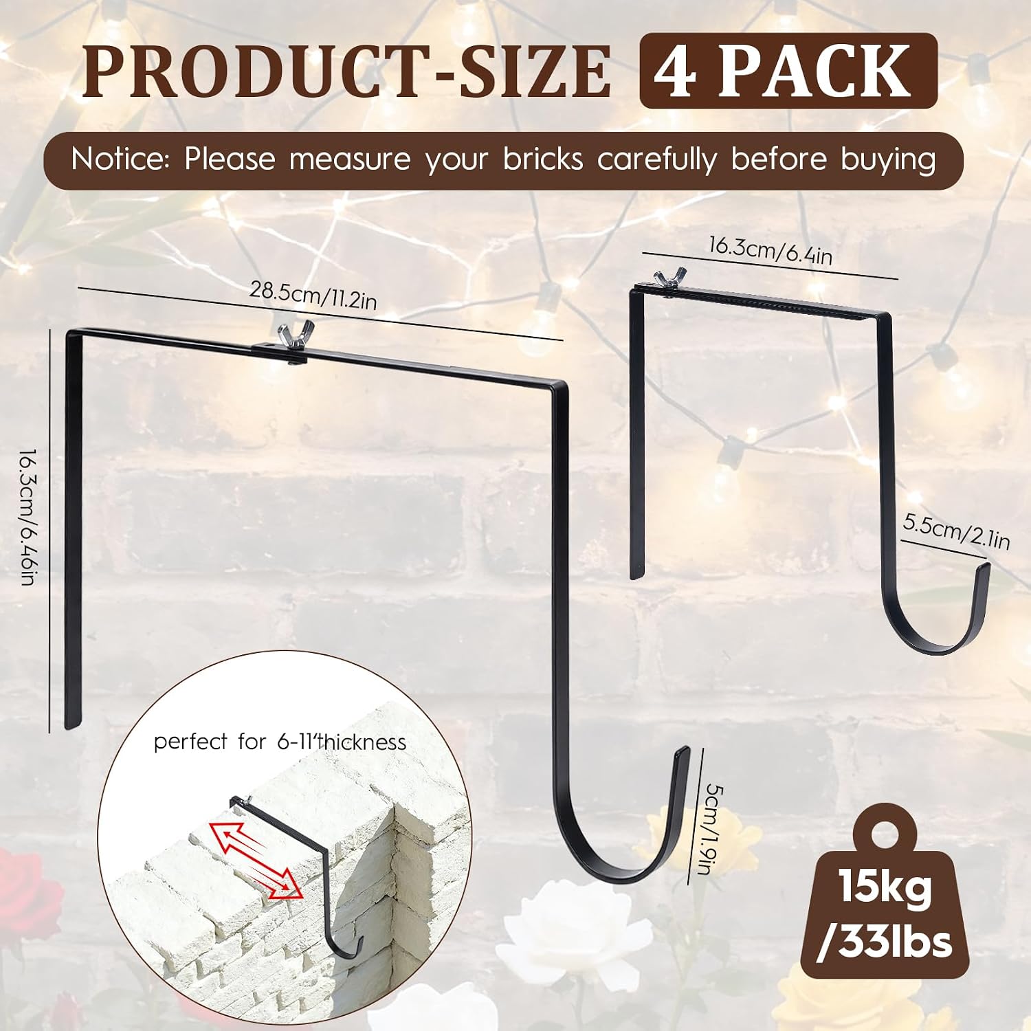 Adjustable Outdoor Light Hooks, 4pcs No Drill Metal Hangers for 6-11 Inch Concrete Wall Cinder Block Fences Brick Walls Hangers Outside Hanging Rope Lights Cable Cord Holders Organizer