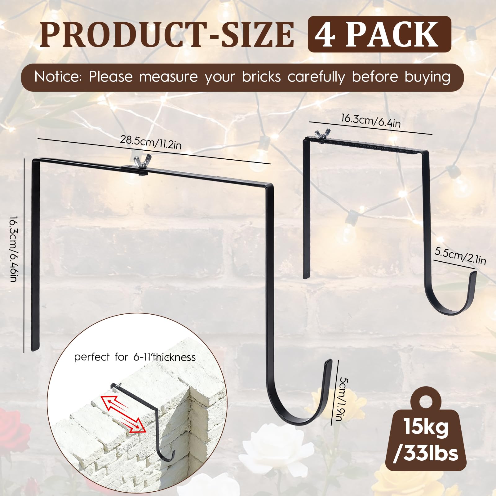 Ganchos de luz ajustables para exteriores, 4 perchas de metal sin taladro para pared de hormigón de 6 a 11 pulgadas, cercas de bloques de cemento, perchas de paredes de ladrillo, perchas de
