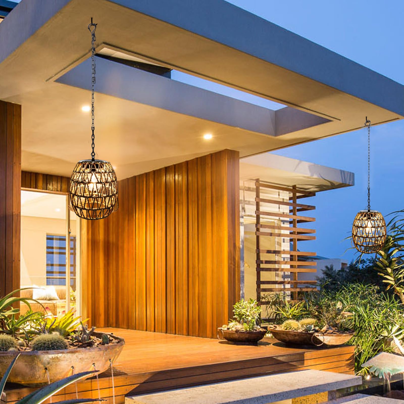 pearlstar Lampade solari da appendere per esterni, in rattan, con catena, lanterne per esterni, resistenti alle intemperie, decorazione boho per giardino, balcone, terrazza, cortile e tavolo