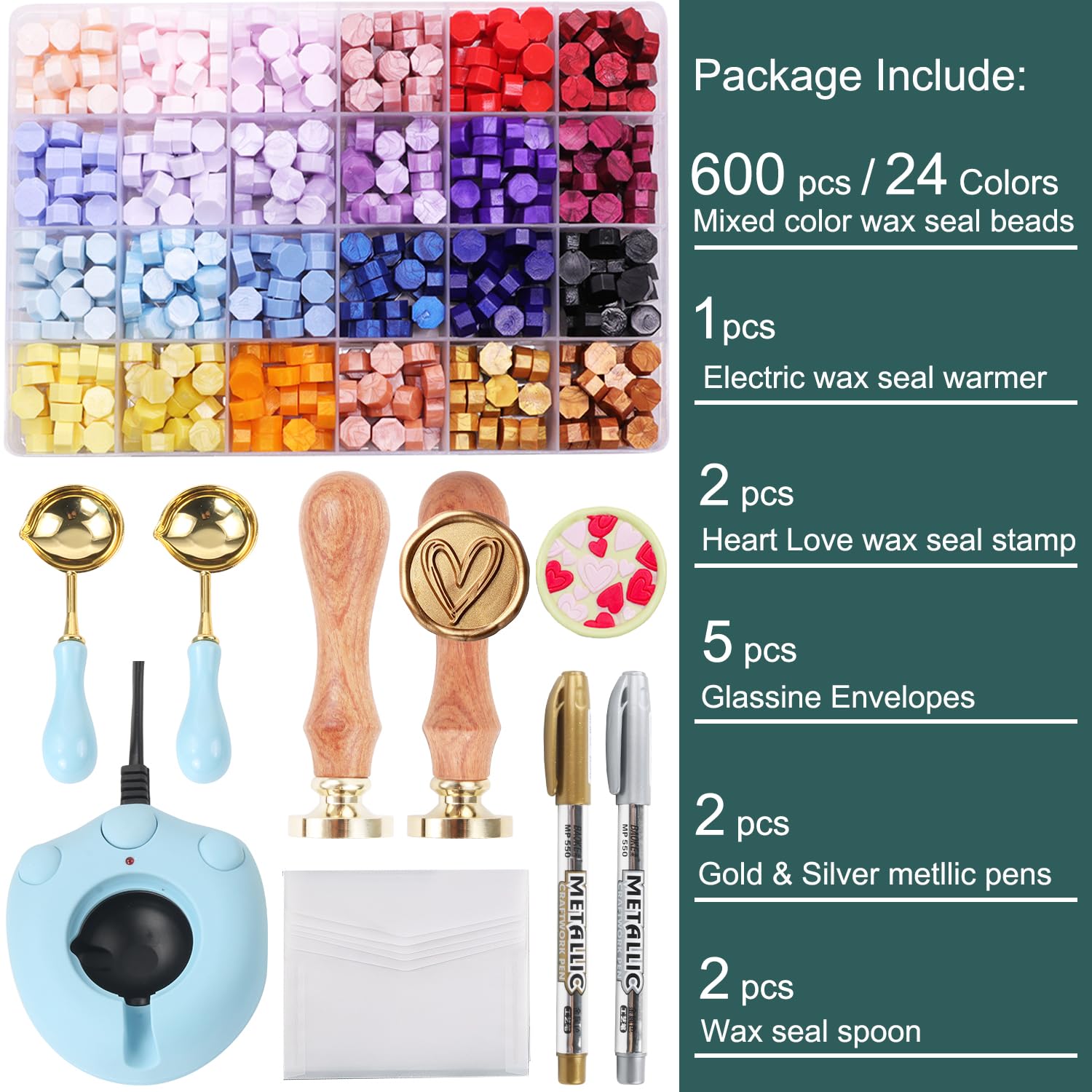 Wax Seal Kit - 24 Color Wax Beads (600pcs), Love Heart Stamps, Electric Warmer, Metallic Pen, Envelopes Sealing Kit for Wedding Invitations