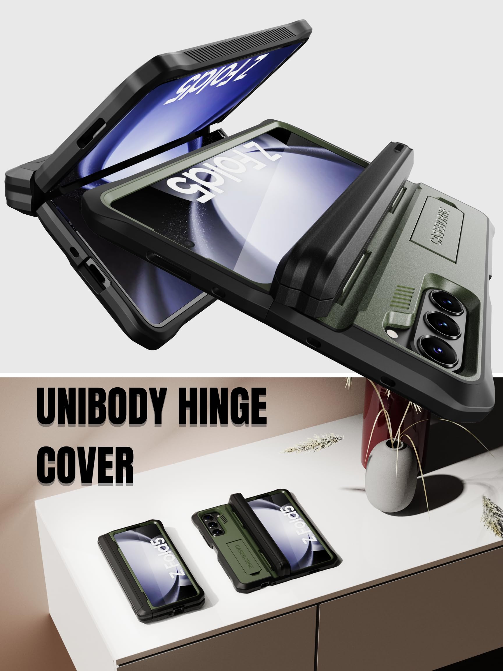 CaseBorne V Compatible con la funda Samsung Galaxy Z Fold 5 - [Protección de bisagra], [100% materiales reciclados] con soporte integrado, soporte para S-Pen y protector de pantalla de vidrio templado