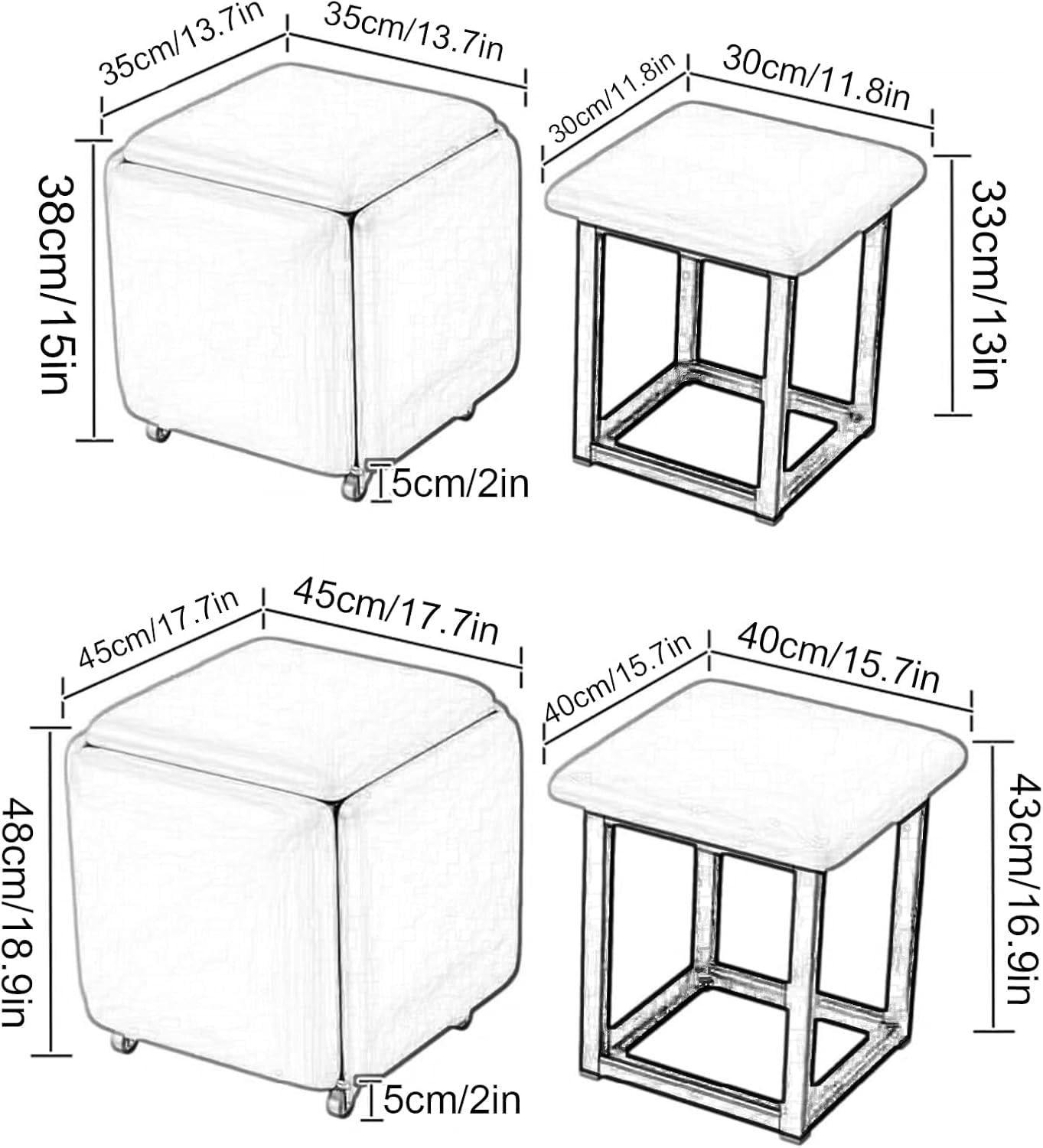 5-in-1 beweglicher Würfel-Ottomane mit Rollen, vielseitiger Leder-Fußhocker für Wohn- und Esszimmer, stilvolle 34,8 cm große, grüne quadratische Sitzgelegenheit, perfekt für kleine Räume und moderne