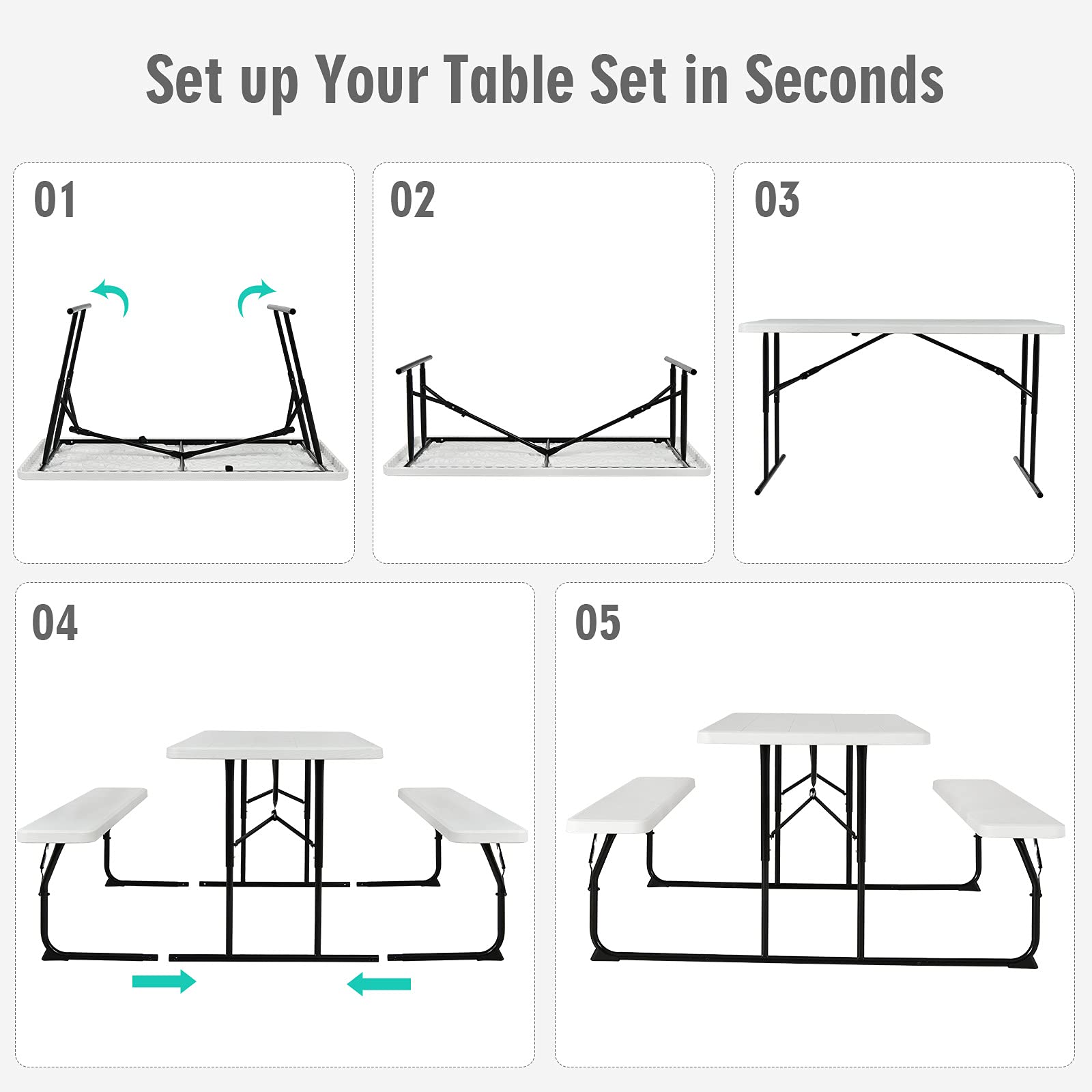 KOMFOTTEU Juego de Mesa y Sillas de Picnic Plegable, Juego de Muebles de Cerveza de 3 Piezas con 1 Mesa y 2 Bancos, Juego de Camping Portátil para Exteriores con Marco Metálico