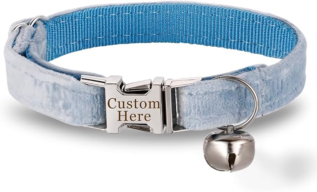 Personalized Cat Kitten Collars with Bow Bell,Custom Engraved Kitty Collars for Girls Boys Cats Soft Velvet Pattern-Blue