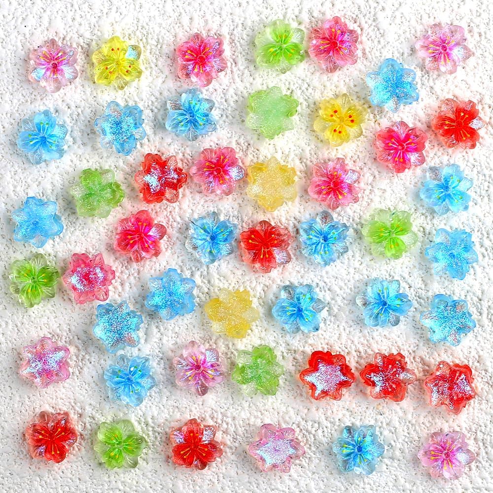 50pcs 3D Flowers for Nails Charms Ice Translucent Flower Nail Charms Floral Nail Art Charms Luminous Flower Charms for Nails Design Floral Charm Resin Flowers Manicure Decorations Blossom Petals