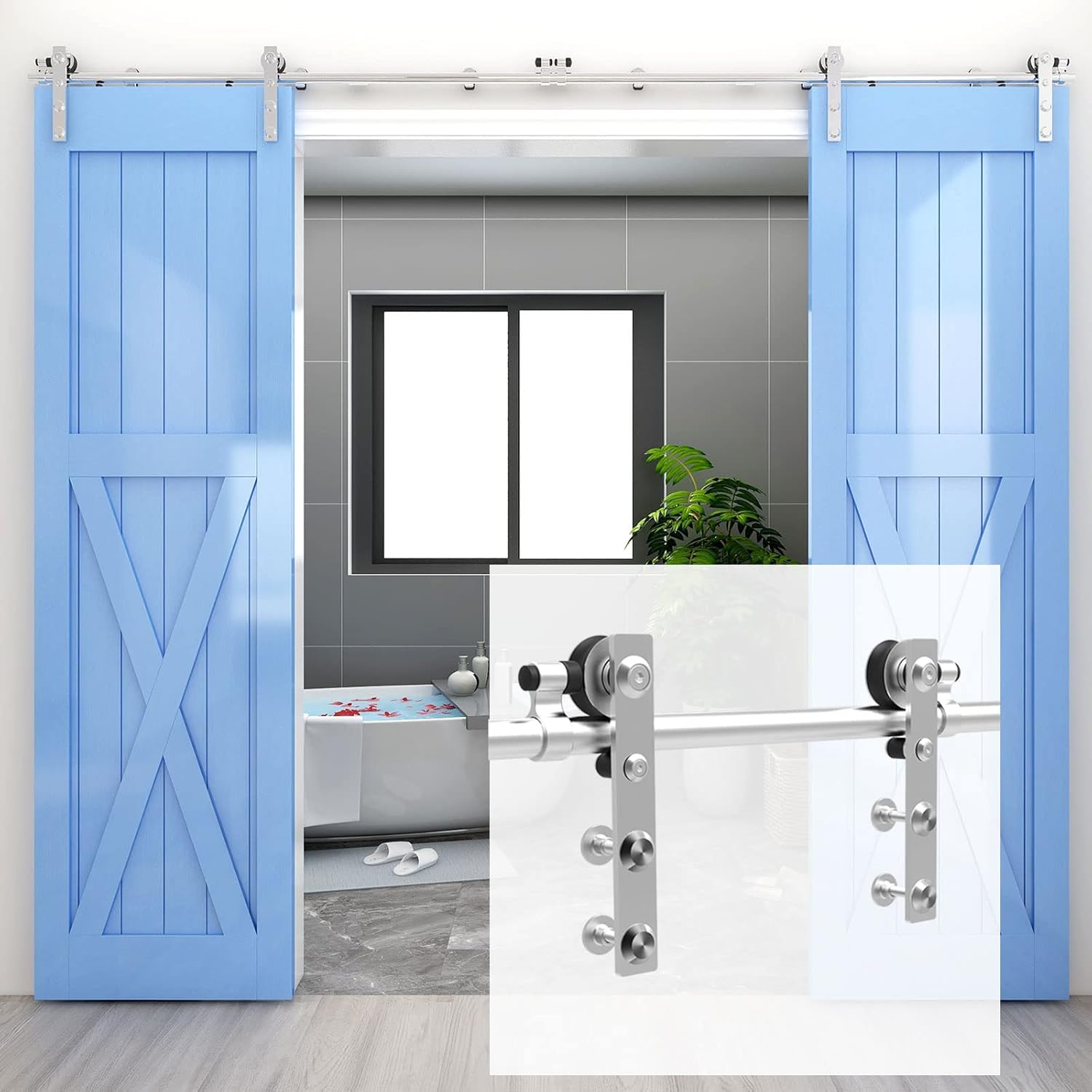 CCJH 16Feet Sliding Barn Door Hardware Kit Stainless Steel Heavy Duty Sliding Track Brushed Nickel for Double Wood Door