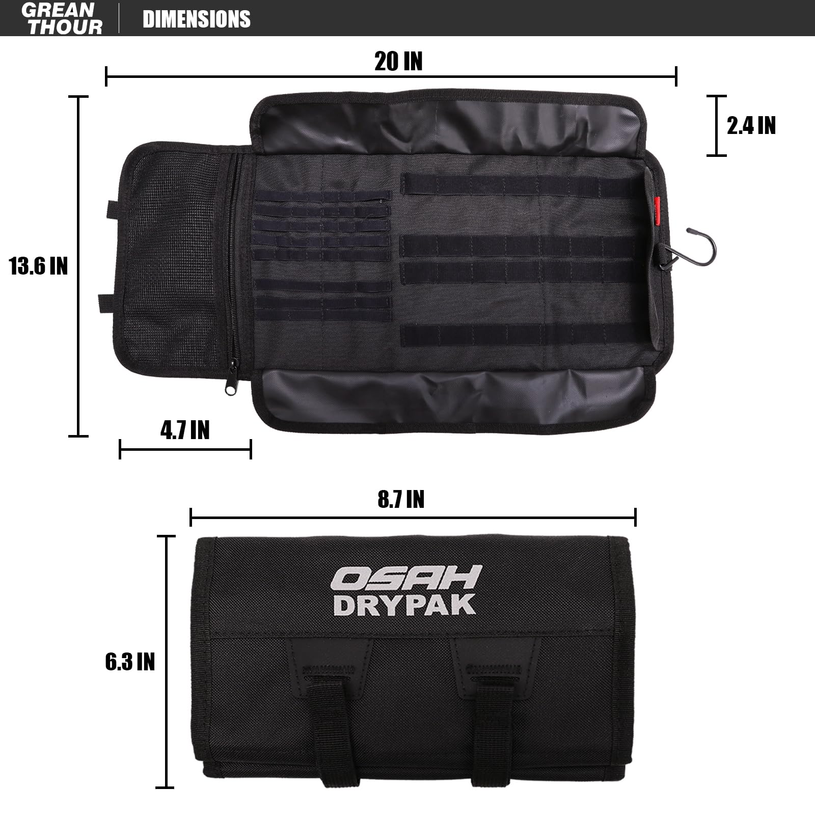 Greantour Sac à Outils Moto Enroulable,Petit kit d'outils pour moto,Avec plusieurs bandes élastiques et poches intérieures, Accessoires de moto Harley UTV pour vélo hors route (outils non inclus)-Noir
