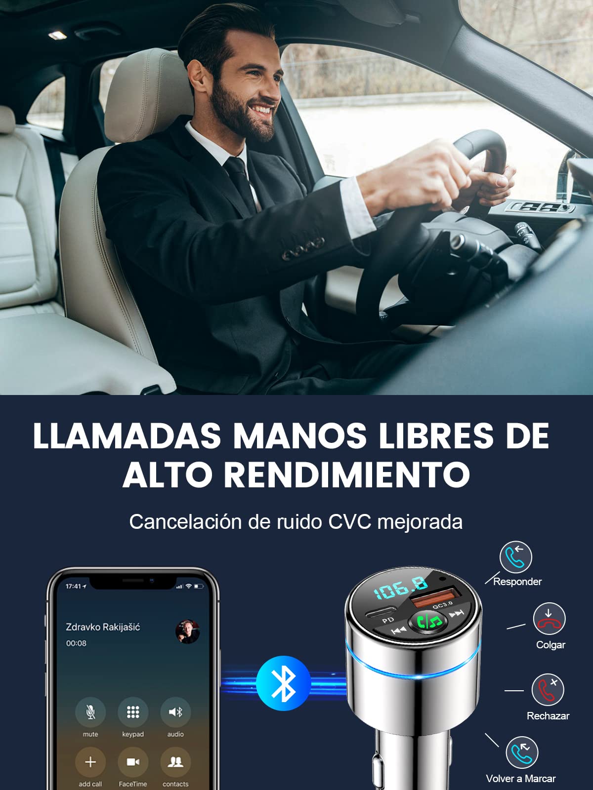 Mohard Transmisor FM Bluetooth 5.3 Coche, Todo Metal con Anillo LED, Cargador Rápido PD30W+QC3.0, Manos Libres con Cancelación de Ruido, Soporte USB/TF, Audio Hi-Fi