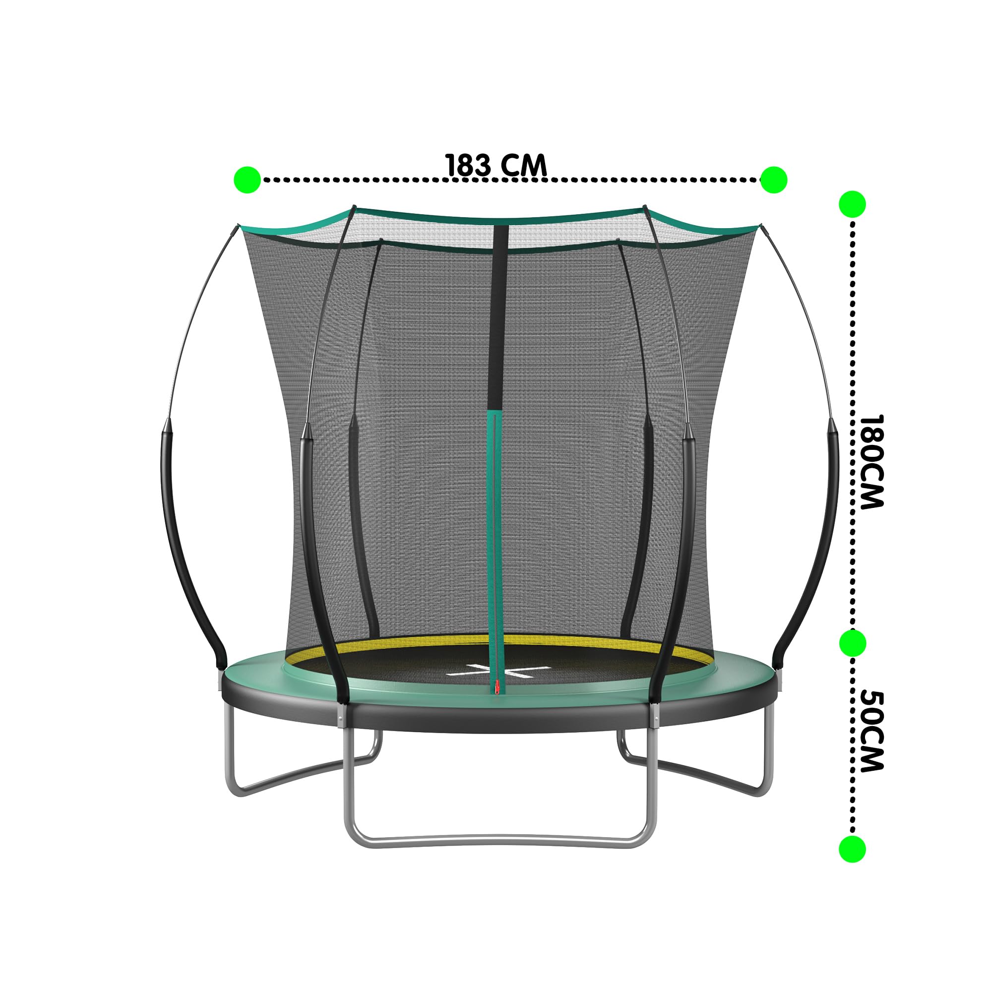 Trampolina ogrodowa bez sprężyn, 183 cm, z siatką zabezpieczającą, z opatentowaną technologią włókna szklanego, bezszwowy zamek błyskawiczny, nierdzewna i stabilna – trampolina outdoorowa do ogrodu
