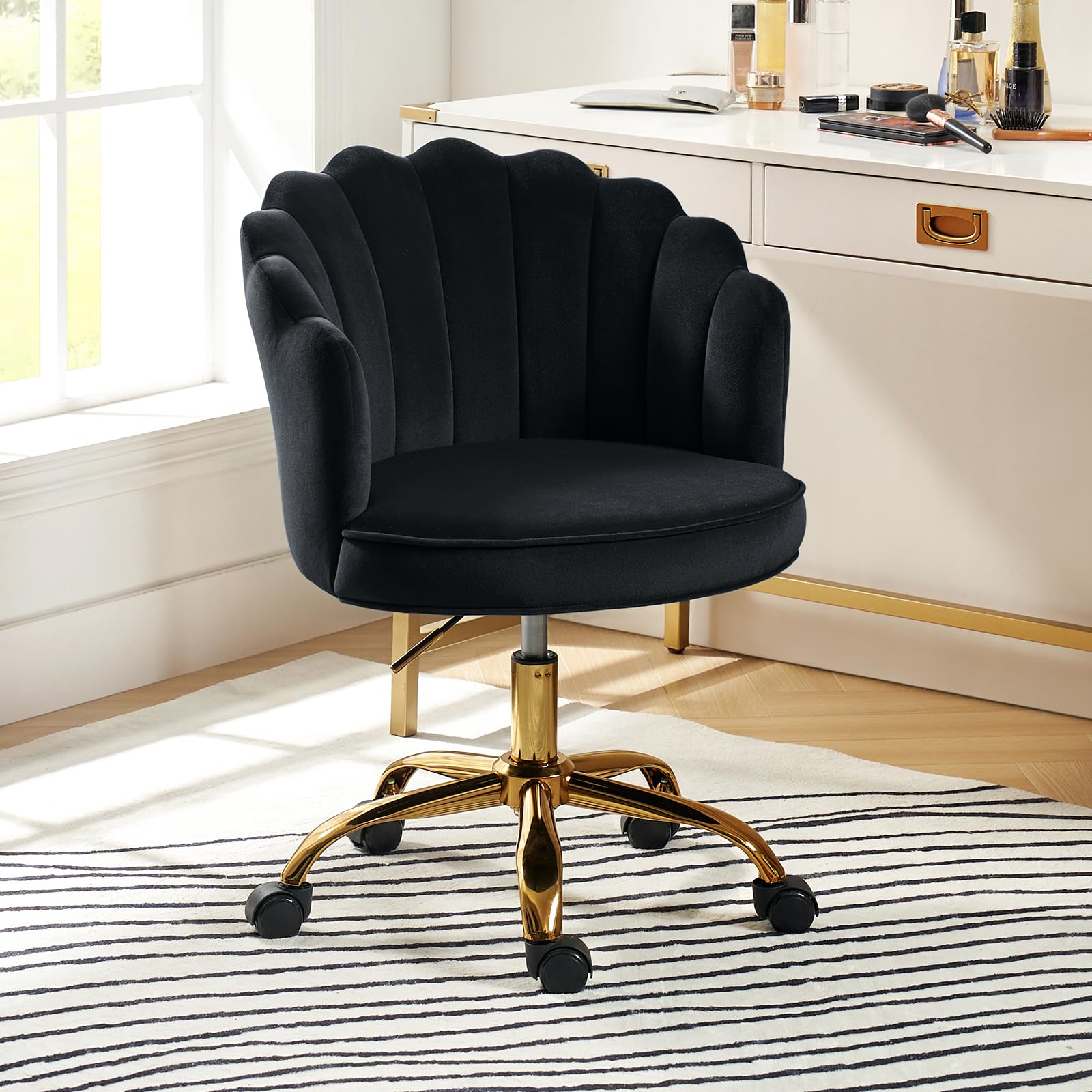 HULALA HOME Chaise de Bureau sans Bras en Velours, Fauteuil de Bureau Mignonne en Velours Moderne, Siège Roulante Pivotante à Dossier Bas Réglable,Chaise Bureau Fille,Noir