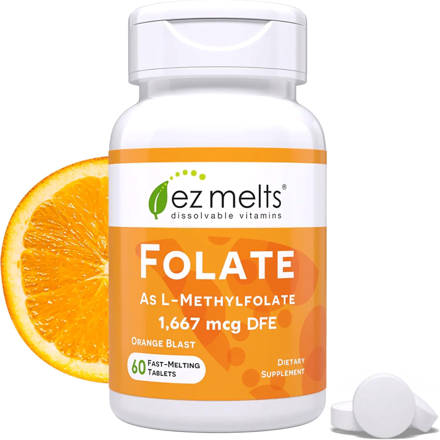 EZ Melts Dissolvable Folate 1,667 mcg DFE - Methylated Folate Supplement - Heart Health & Healthy Fetal Development - Non-GMO, Vegan & Dairy-Free - Orange Blast -60 Dissolvable Tablets (60 Servings)