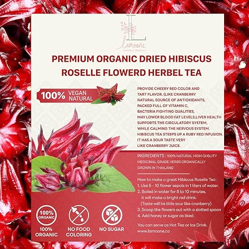 Miniatura 7 de Lamoone Té de hierbas de flores secas orgánicas de hibisco roselle cultivado orgánicamente en Tailandia, 100 g (3.52 oz)