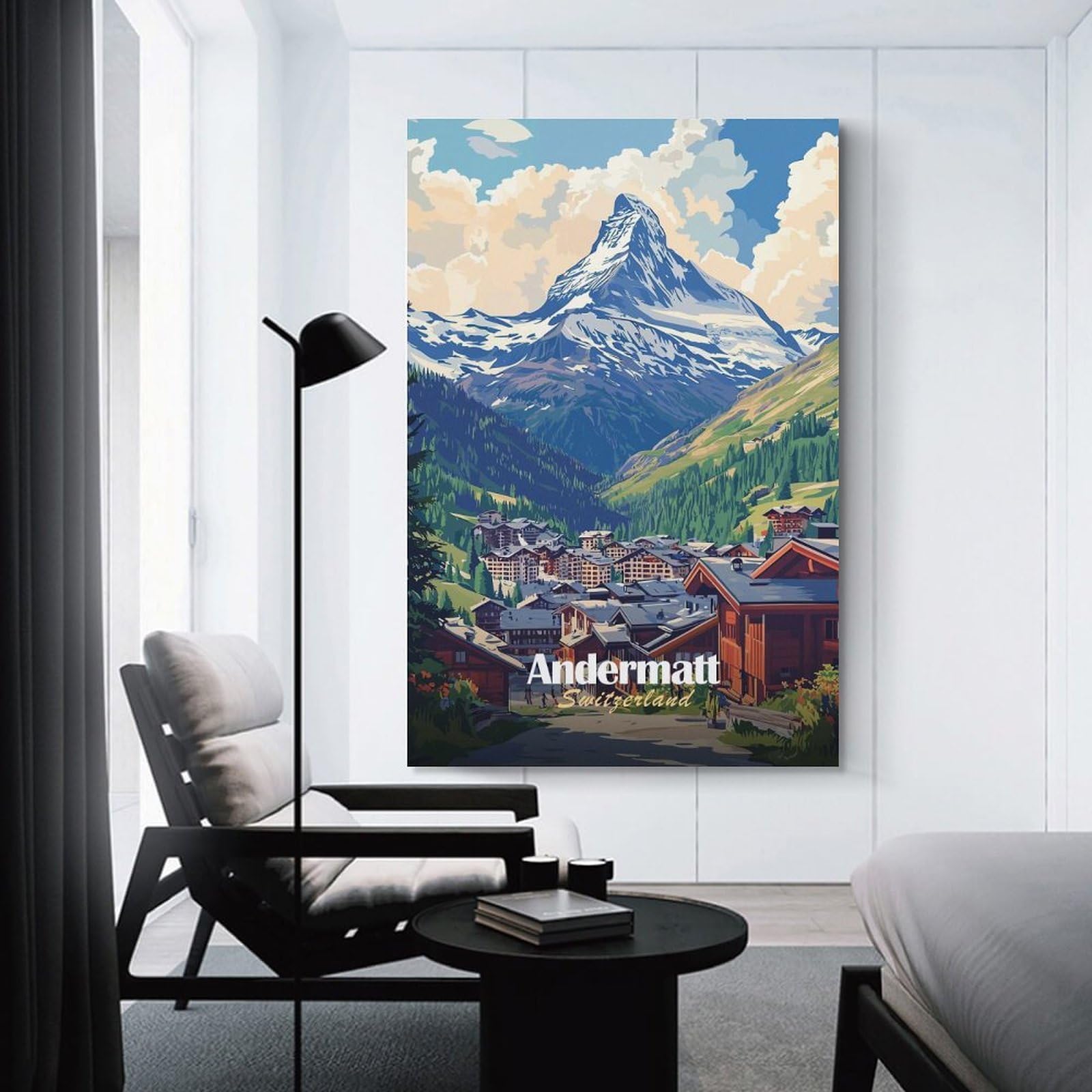 Junmoney Room Decor Wall Art Andermatt Switzerland Mountain View, 20x30inch(50x75cm), for Flats, Guest Rooms Or Compact Rooms, Wall Decor with Flexible Room Appeal