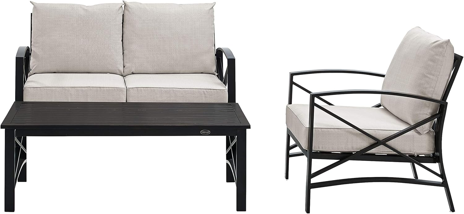 Crosley Furniture Kaplan 3-Piece Outdoor Loveseat Patio Furniture Set, Conversation Sets for Porch, Deck, Oiled Bronze with Oatmeal Cushions