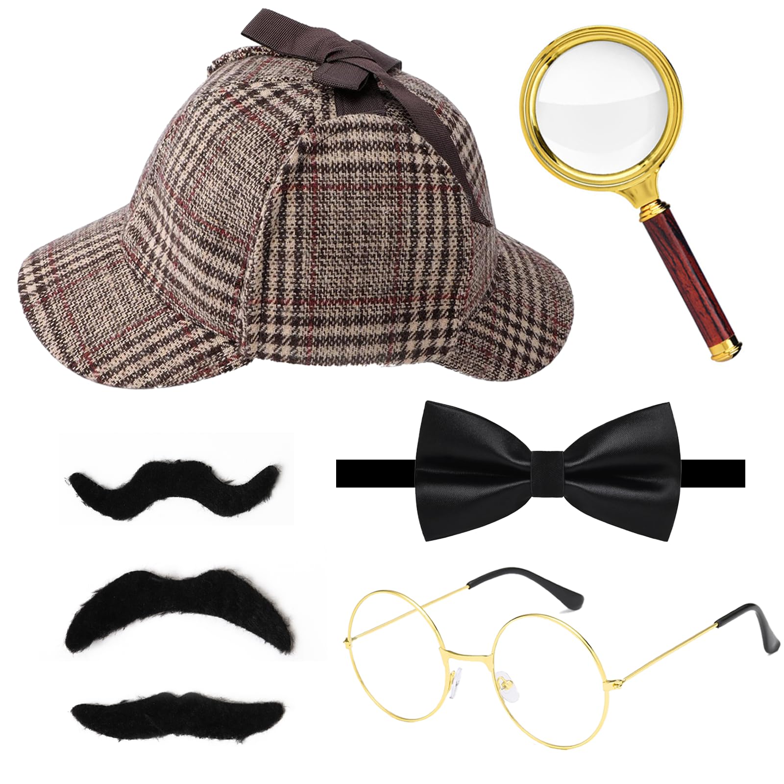 Detektiv Kostüm Zubehör Set 1920er Jahre Detektiv Kostüm Erwachsene | Detektiv karierten Hut Fliege Lupe Brille Schnurrbart Detektiv Cosplay Halloween Karneval Cosplay