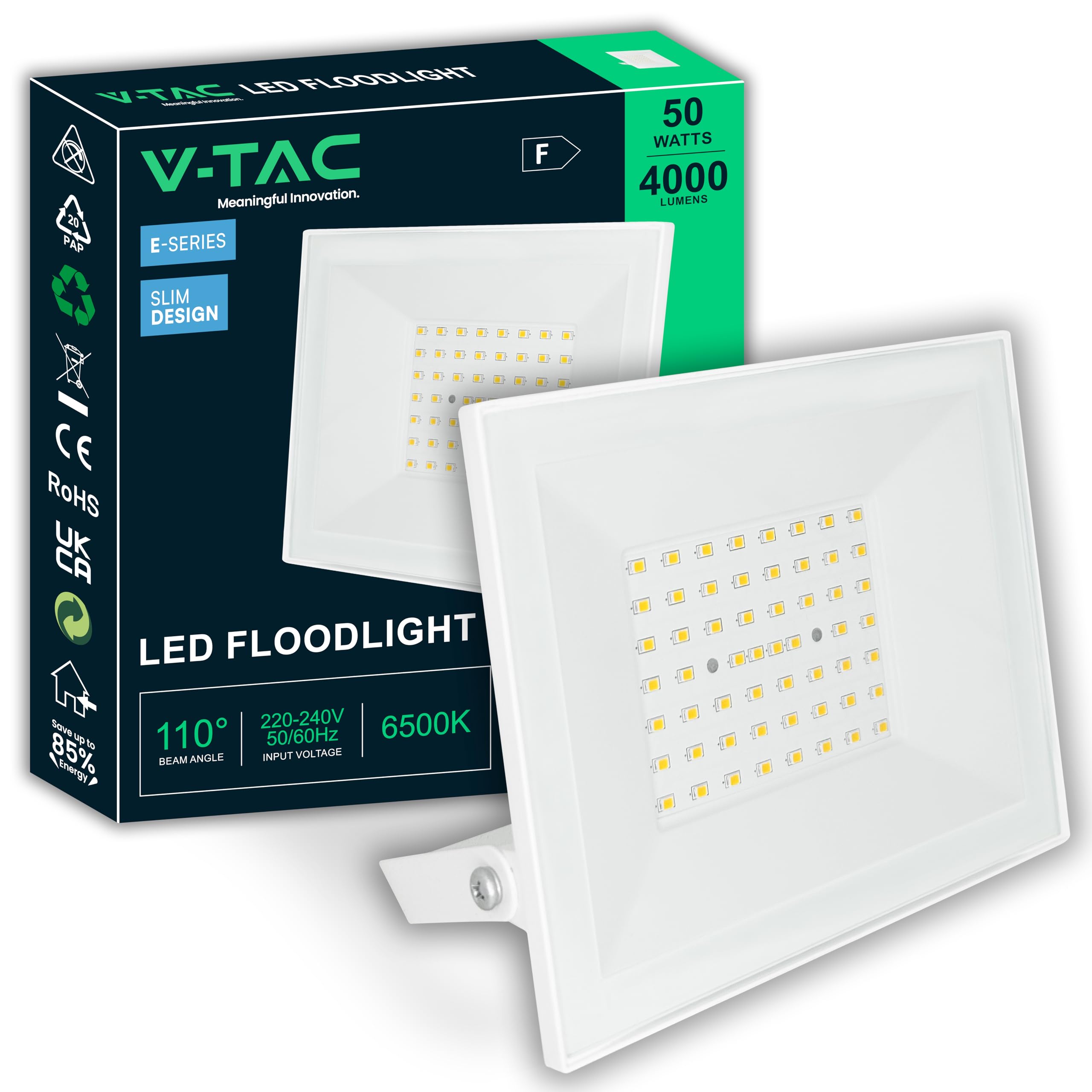 V-TAC Foco LED Exterior 50W Blanco – [ E-Series – Altas Prestaciones, Bajo Consumo ] – 4000 Lúmenes – Super Slim – Impermeable IP65 – Proyector para Hogar, Garaje y Almacén – Blanco Neutro 4000K