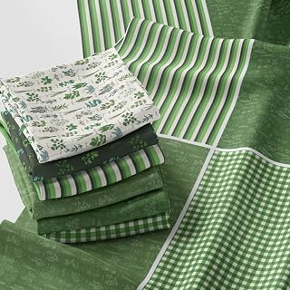 Quilting Fabric Panel – 6 Green Botanical & Stripe Designs on One Cotton Satin Sheet | 100% Cotton, 140 g/m² | DIY Patchwork & Sewing Bundle (Each Design 50×50 cm)