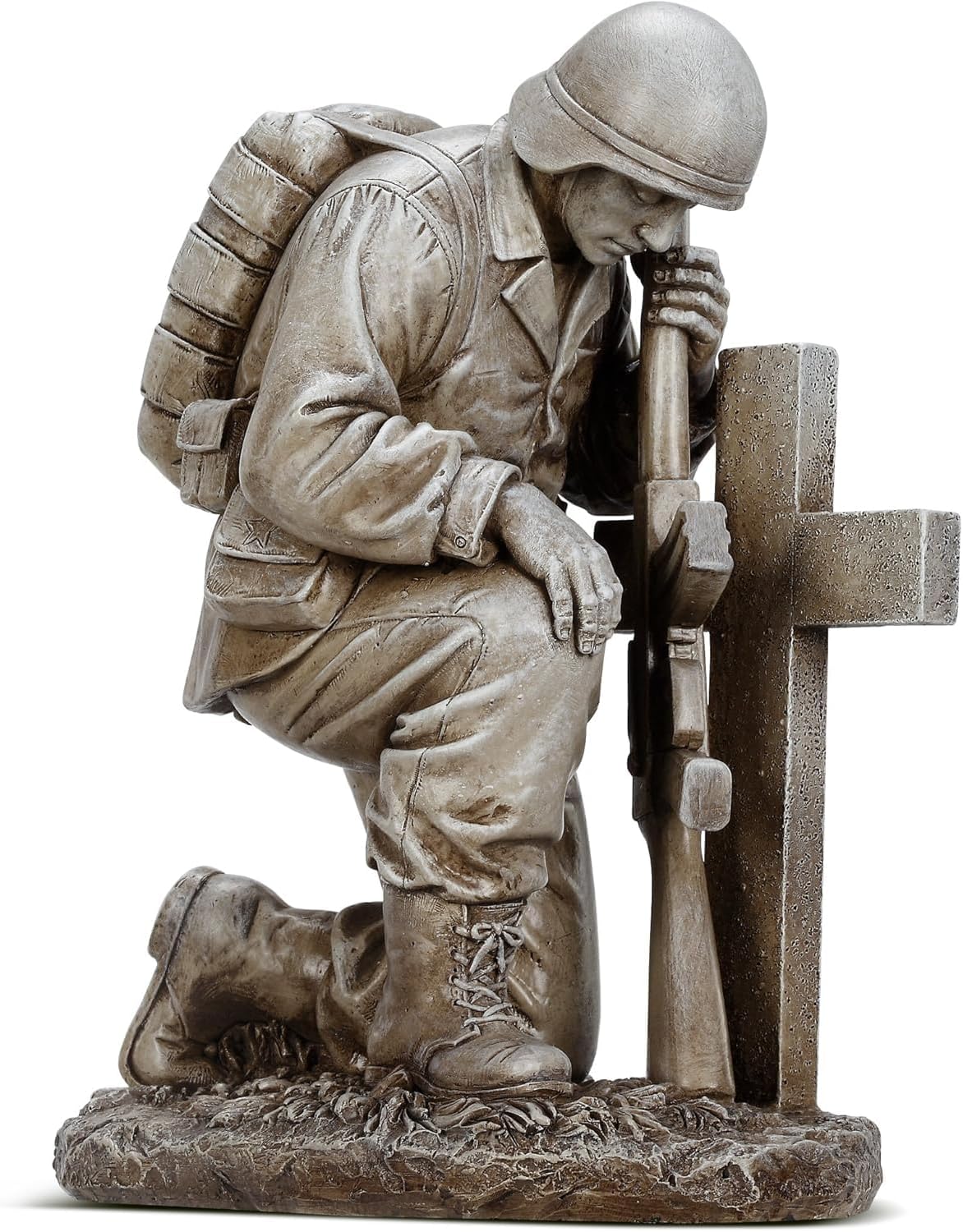 Napco Garden Antique White Finished Praying Soldier at Grave Military Memorial Statue