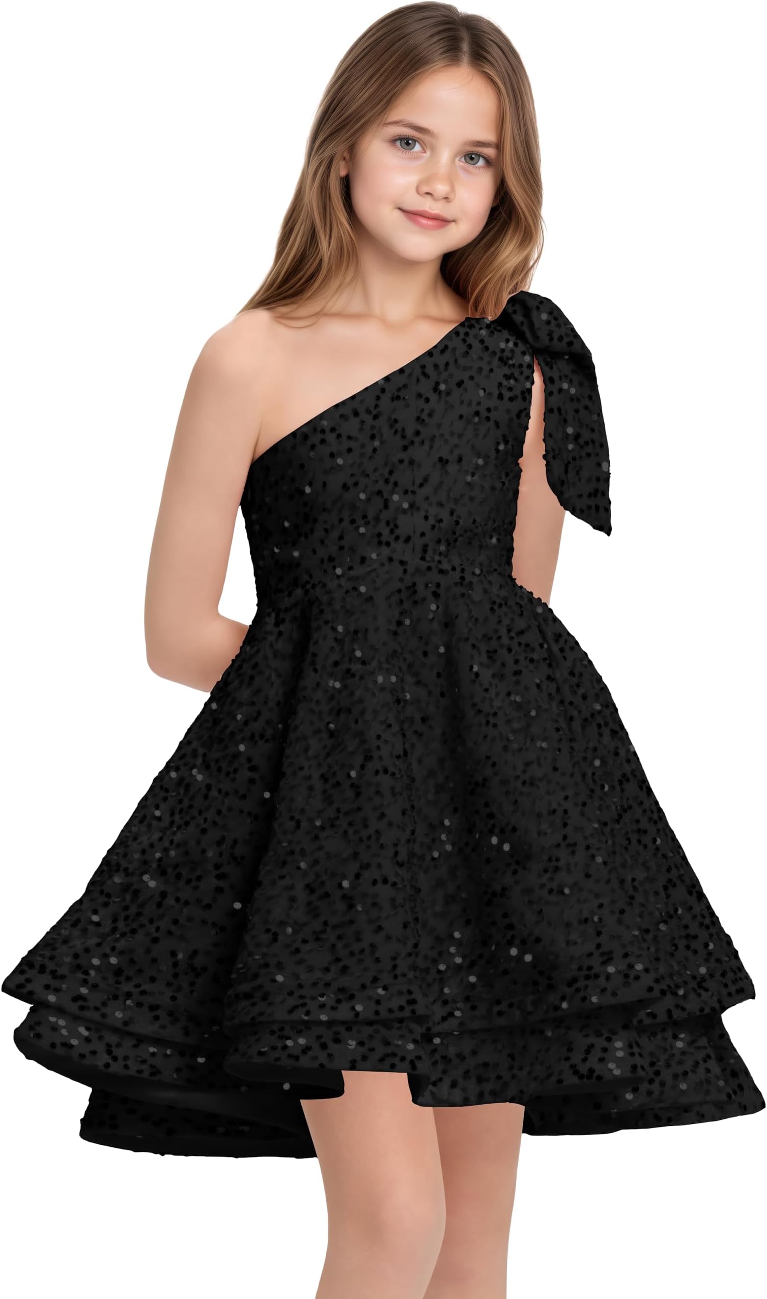 - Sequins Flower Girl Dresses Short - One Shoulder Princess Pageant Dress Kids A Line Communion Formal Party Gown