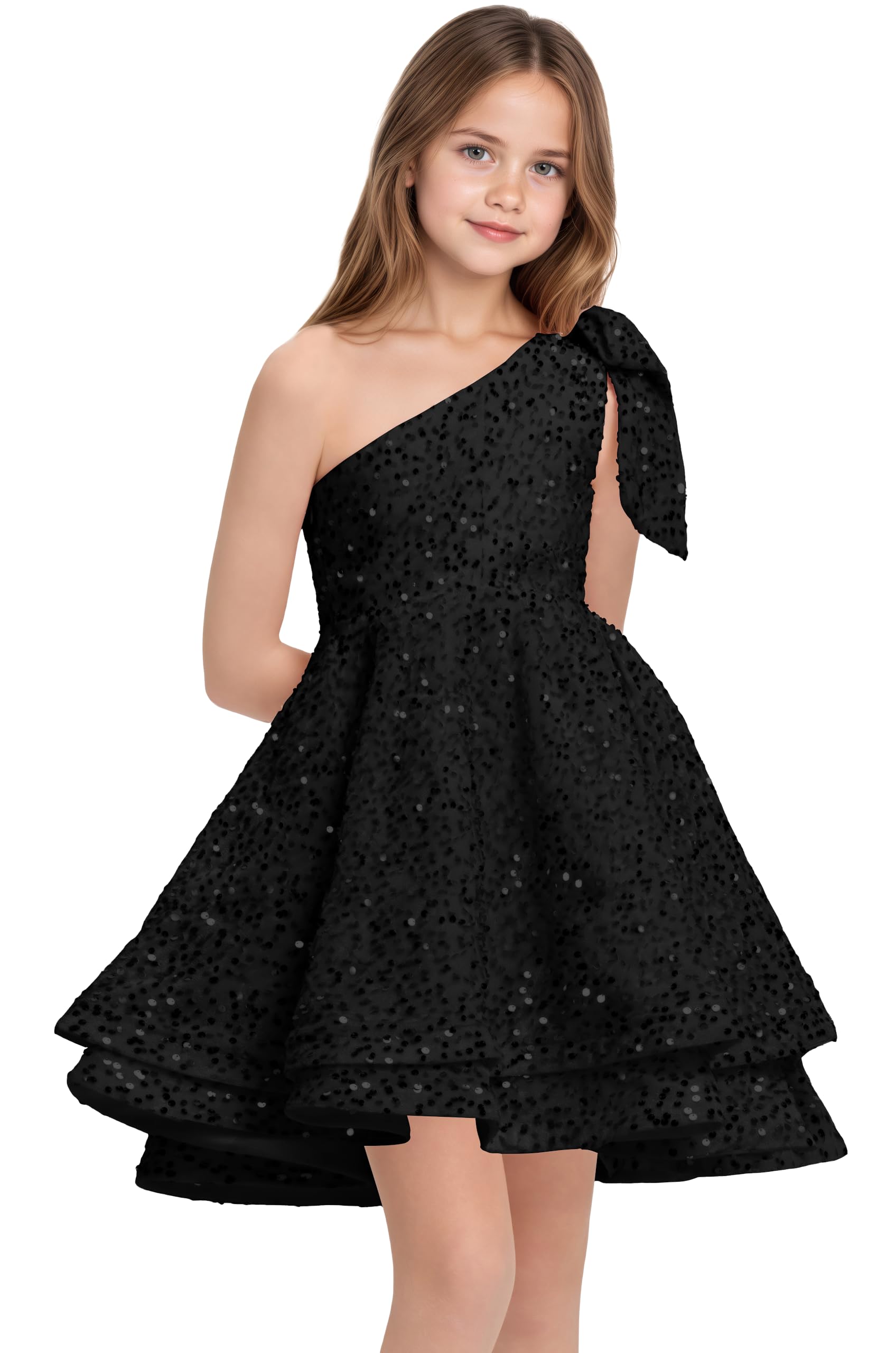- Sequins Flower Girl Dresses Short - One Shoulder Princess Pageant Dress Kids A Line Communion Formal Party Gown