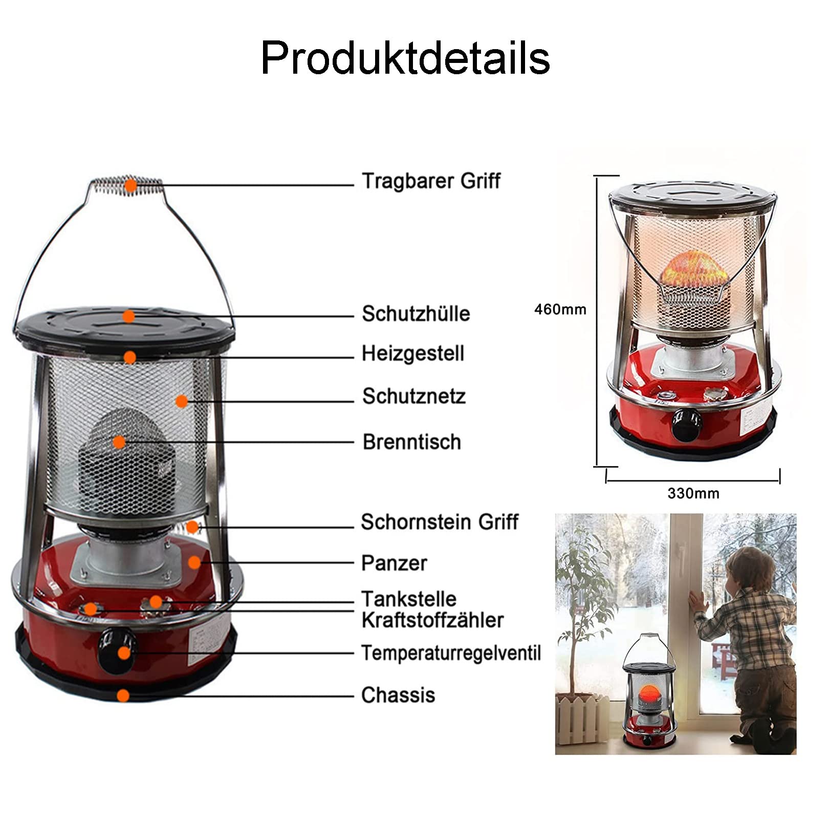 QDF 4.6L 2600W Petroleumofen für Innenräume, 2 in 1 Tragbarer Petroliumheizer, Heizung Ohne Strom Innen, Camping-Heizofen, für Eisfischen Wandern Jagd Überleben Notfall-Terrasse
