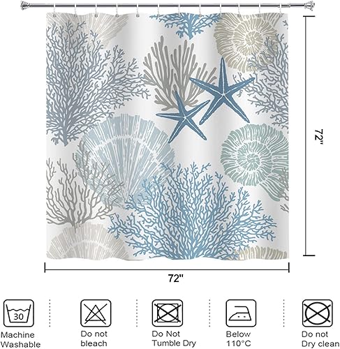 Miniatura 5 de YISURE Cortina de ducha con temática de océano de playa, diseño de estrella de mar, conchas marinas, coral, juego de cortinas de baño de tela