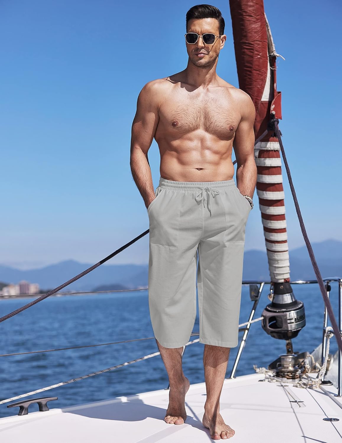 COOFANDY Men's Linen Capri Pants Casual Lightweight 3/4 Baggy Pants Drawstring Elastic Waist Beach Yoga Pants with Pockets at  Men’s Clothing store