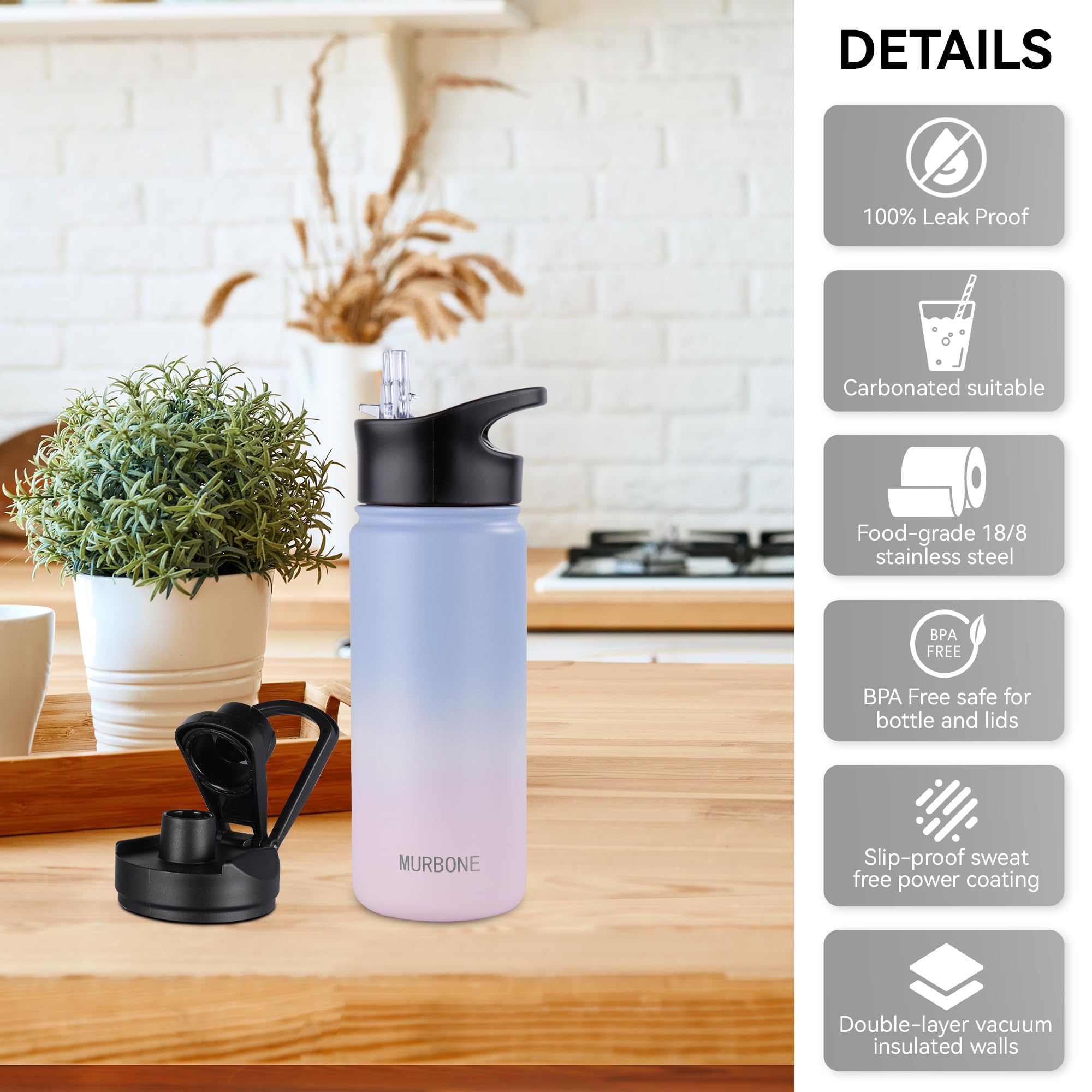 MURBONE Insulated Water Bottle, 500ml Stainless Steel Drink Flask with Straw, BPA Free, 2 Lids (Straw Lid and Spout Lid) - Image 4
