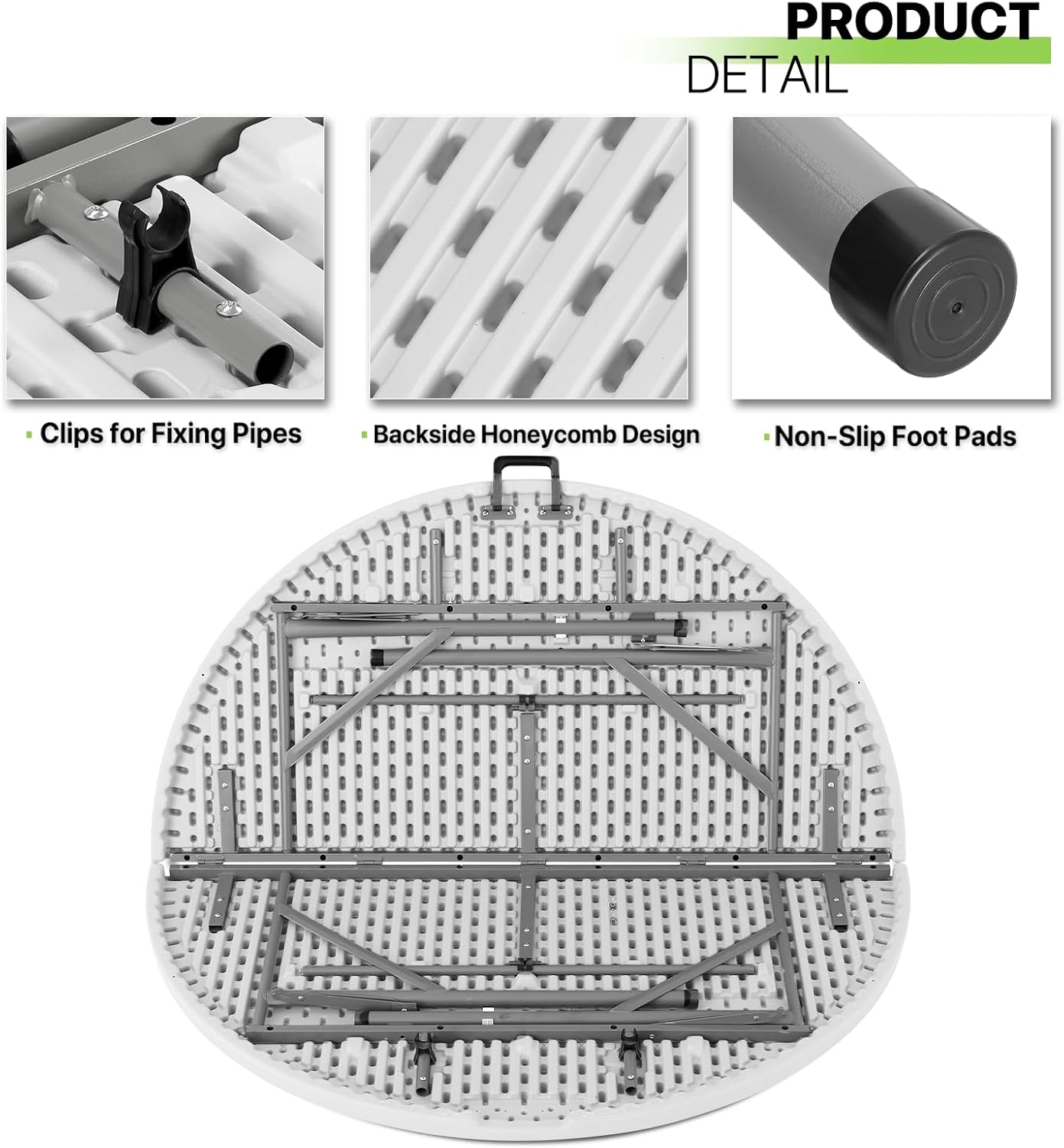 Magshion 60" Round Folding Table, 5 Feet Bi-Folding Plastic Commercial Dining Card Table w/Carrying Handle for Outdoor Wedding Party Event Picnic, White/Gray