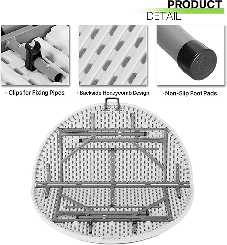 Miniatura 7 de Magshion Mesa de plástico plegable de 60 pulgadas, mesa redonda blanca resistente plegable para cocina o fiesta al aire libre