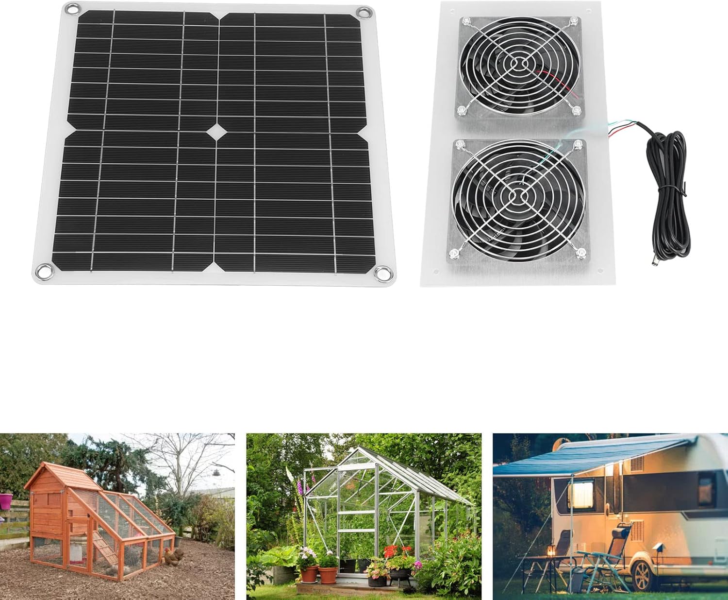 25W Solar Panel Fan Kit, IPX65 Low Noise Efficient Solar Powered Dual Fan for Chicken Coop Kennel Barn
