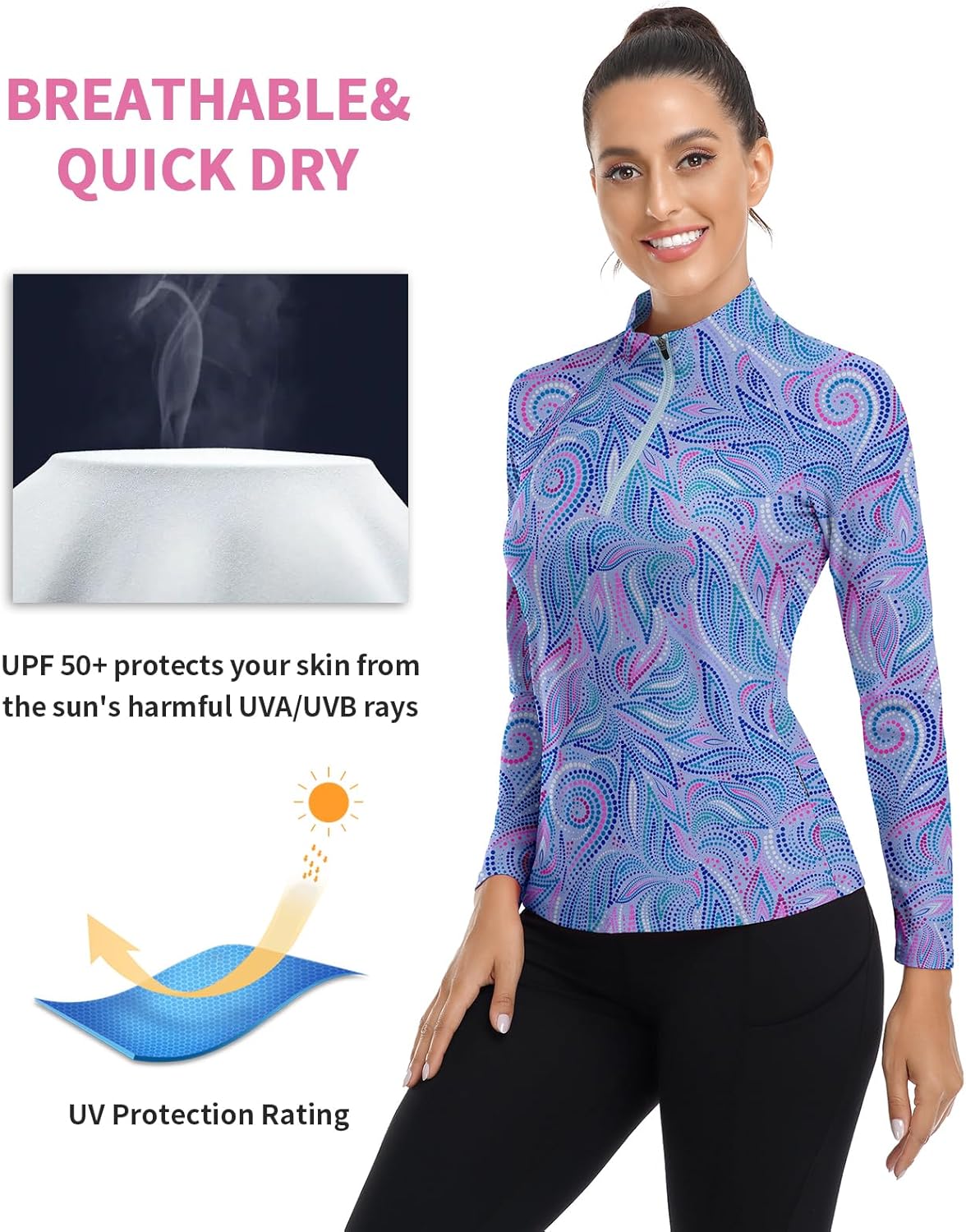 WOWENY Women's Long Sleeve Athletic Shirts Quarter Zip Pullover Collared T-Shirt Workout Print Tennis Top - Image 4