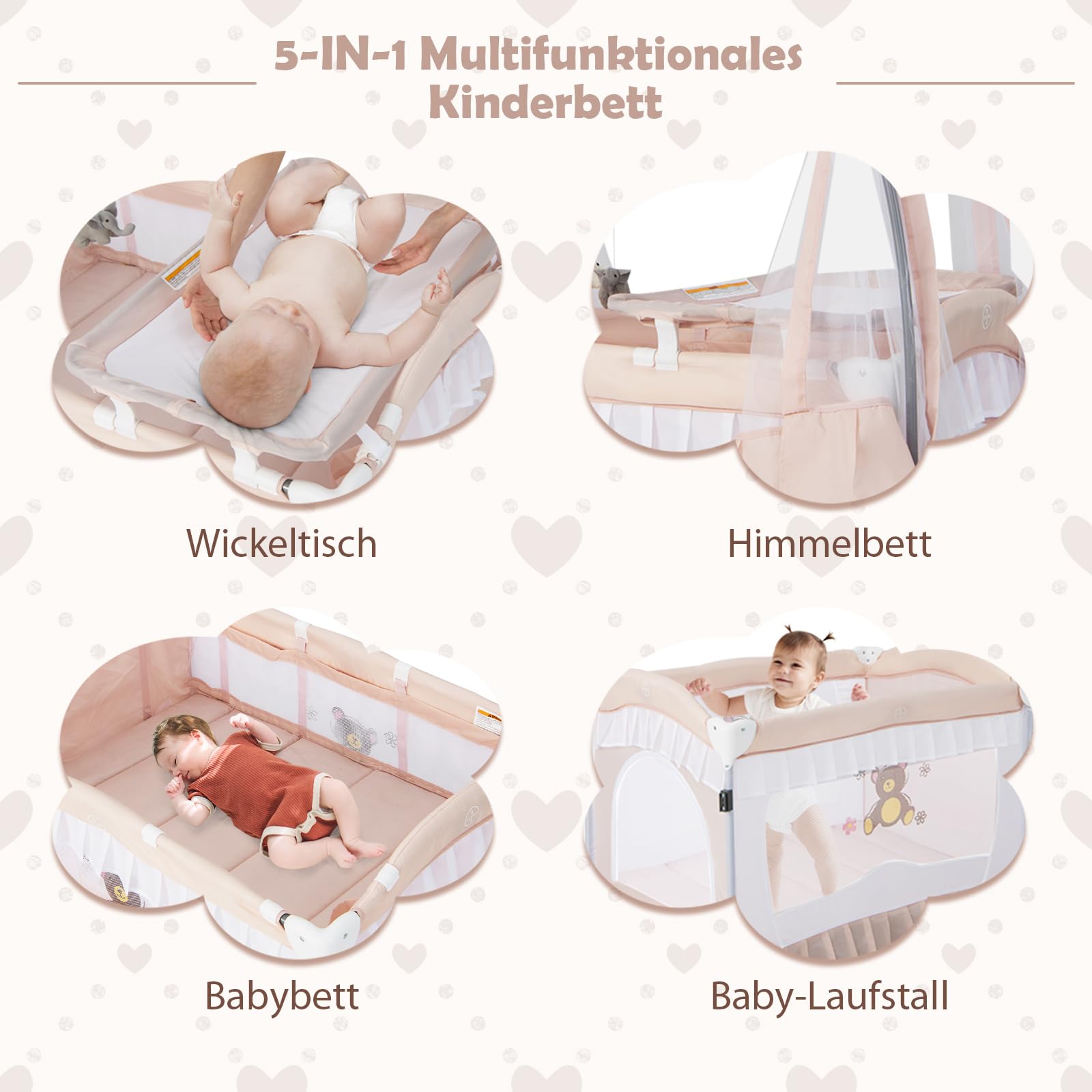 DREAMADE 5 in 1 Reisebett Baby mit Matratze & Baldachin, Babybett Faltbar mit Rollen, Wickeltisch & Laufstall, Beistellbett Baby mit Musikbox & Hängespielzeug, für Neugeborene 0-36 Monate (Rosa)