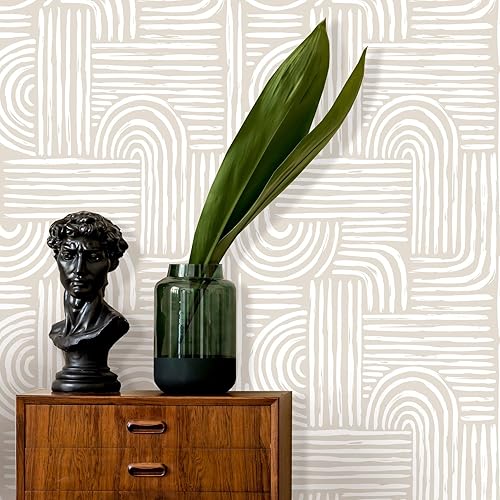 Miniatura 3 de Papel tapiz estético beige para despegar y pegar, mural geométrico autoadhesivo extraíble, líneas bohemias de mediados de siglo (muestra de 12