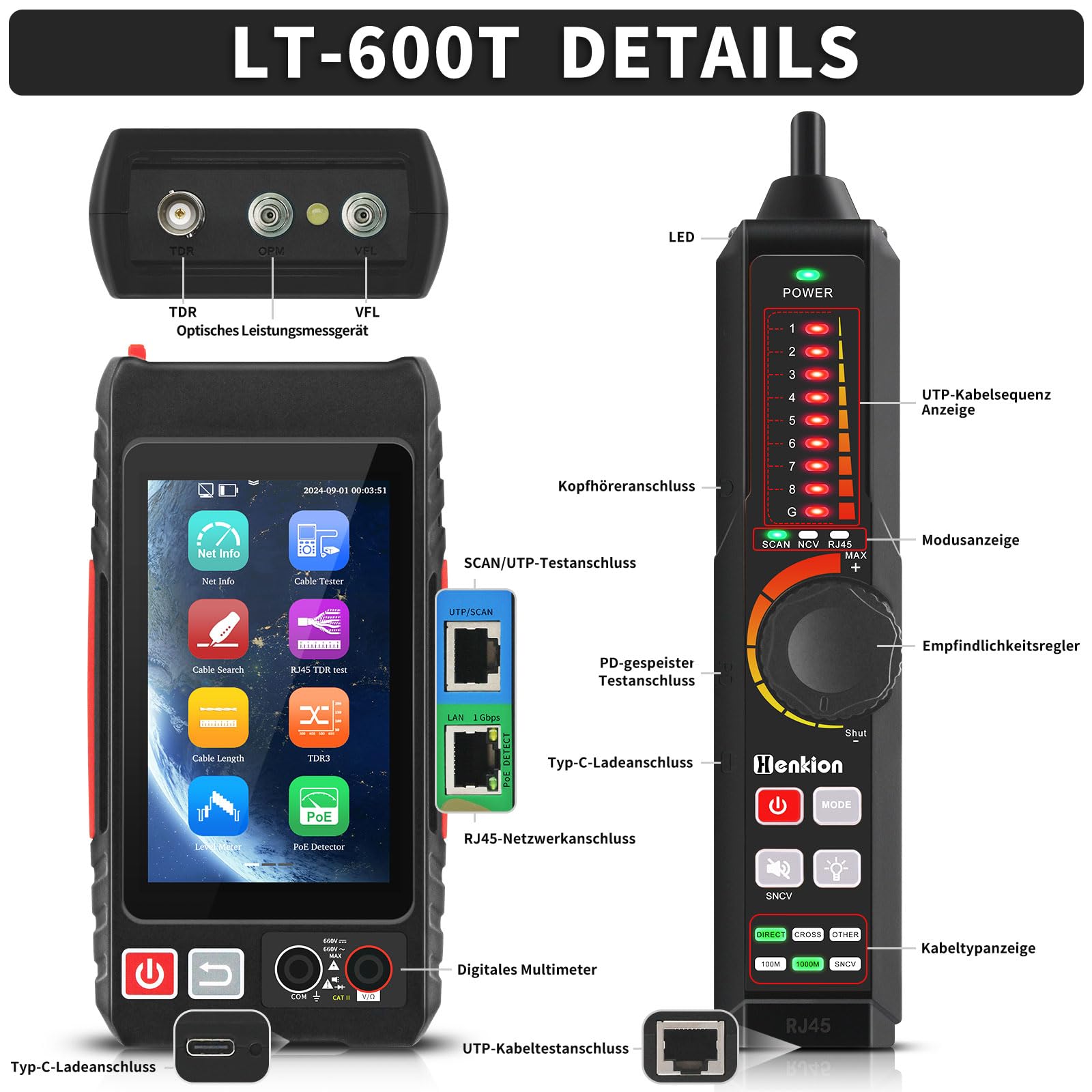 Henkion RJ45 Netzwerkkabeltester UTP-Kabeltester,Ethernet-Kabelverfolger, 4-Zoll-IPS-Touchscreen, unterstützt Netzwerktools, OPM, DMM, TDR, LEVEL METER, POE++-Erkennung, RJ45 TDR, Kabellänge,NCV