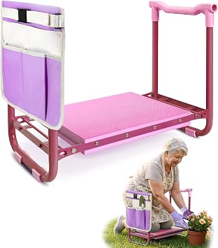 Garden Kneeler and Seat Heavy Duty, Foldable Gardening Stool Bench | With Widened Thick Soft Kneeling Pad & Tool Pouches - 2-in-1 Portable Kneeler and Stool for Seniors PURPLE