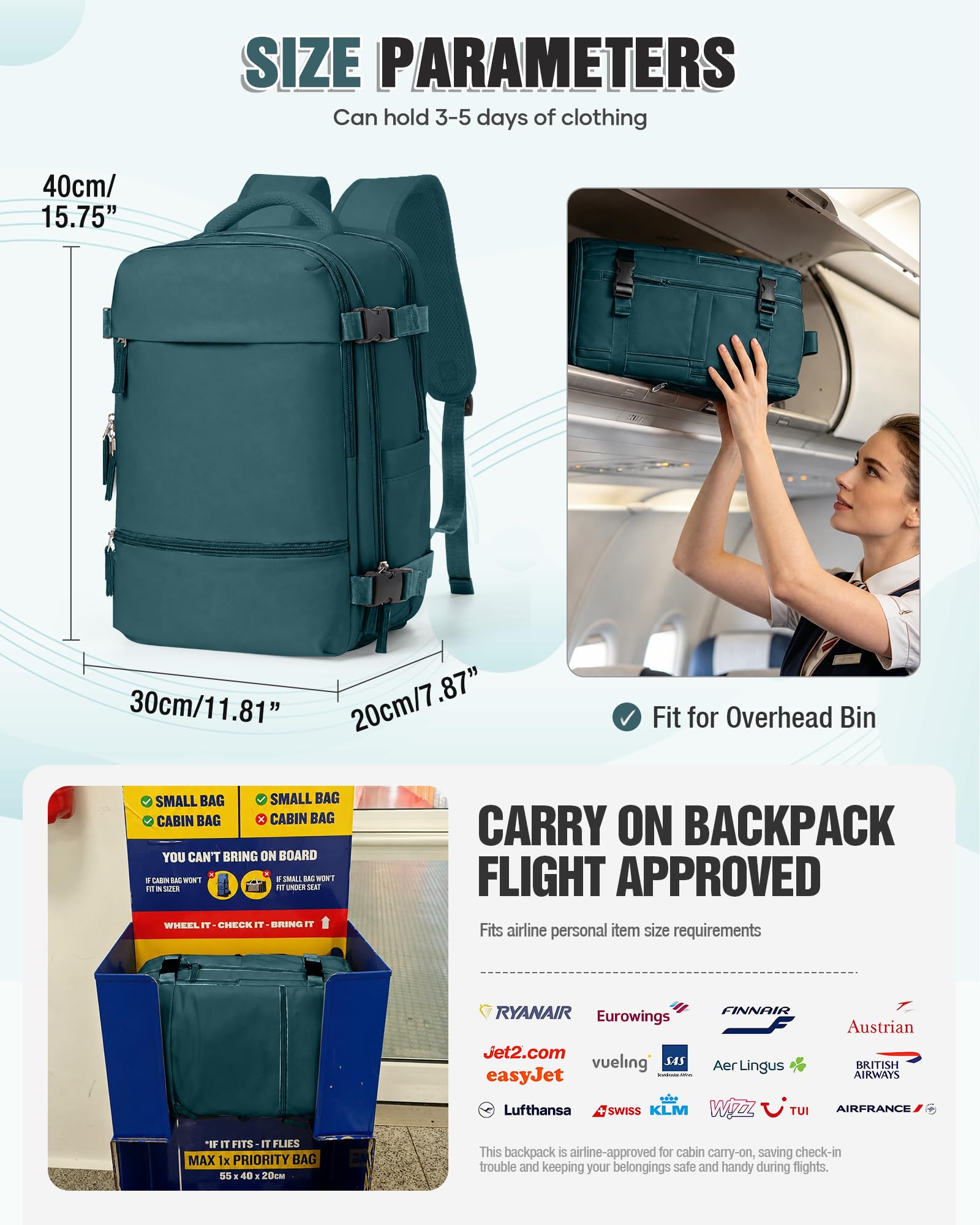 SZSYCN Mochila Viaje Cabina Avion 40x30x20 Ryanair Wizzair 40x20x25 Mochila Compresión al Vacío para Hombre, Bolsa de Viaje Equipaje de Mano 40x30x20 Vueling Maleta De Vacío Para Mujeres