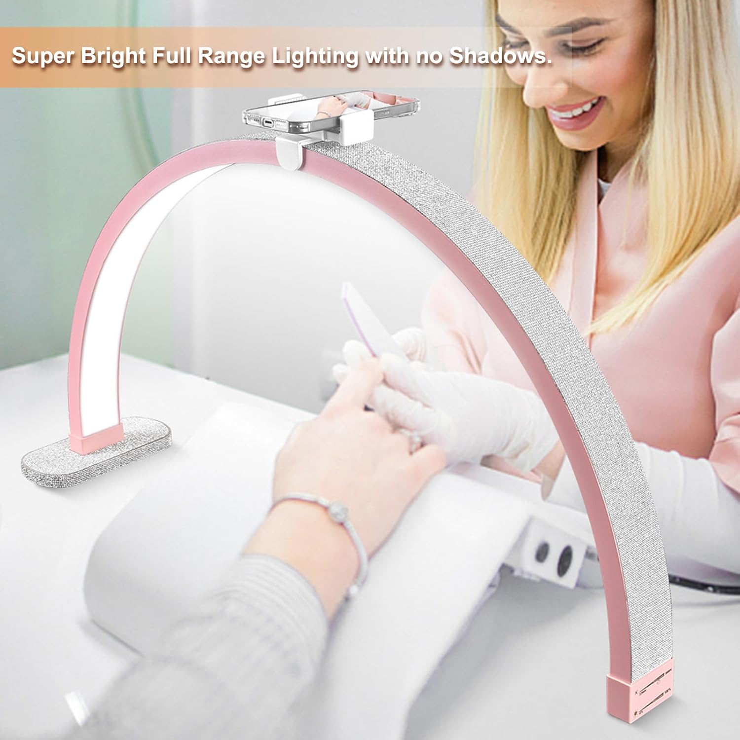 30in Half Moon Light for Nail Desk, Touch Control Nail Light for Desk, Moon Light Nail Tech with Phone Holder, Nail Table Lamp Adjustable Brightness and Color Temperature