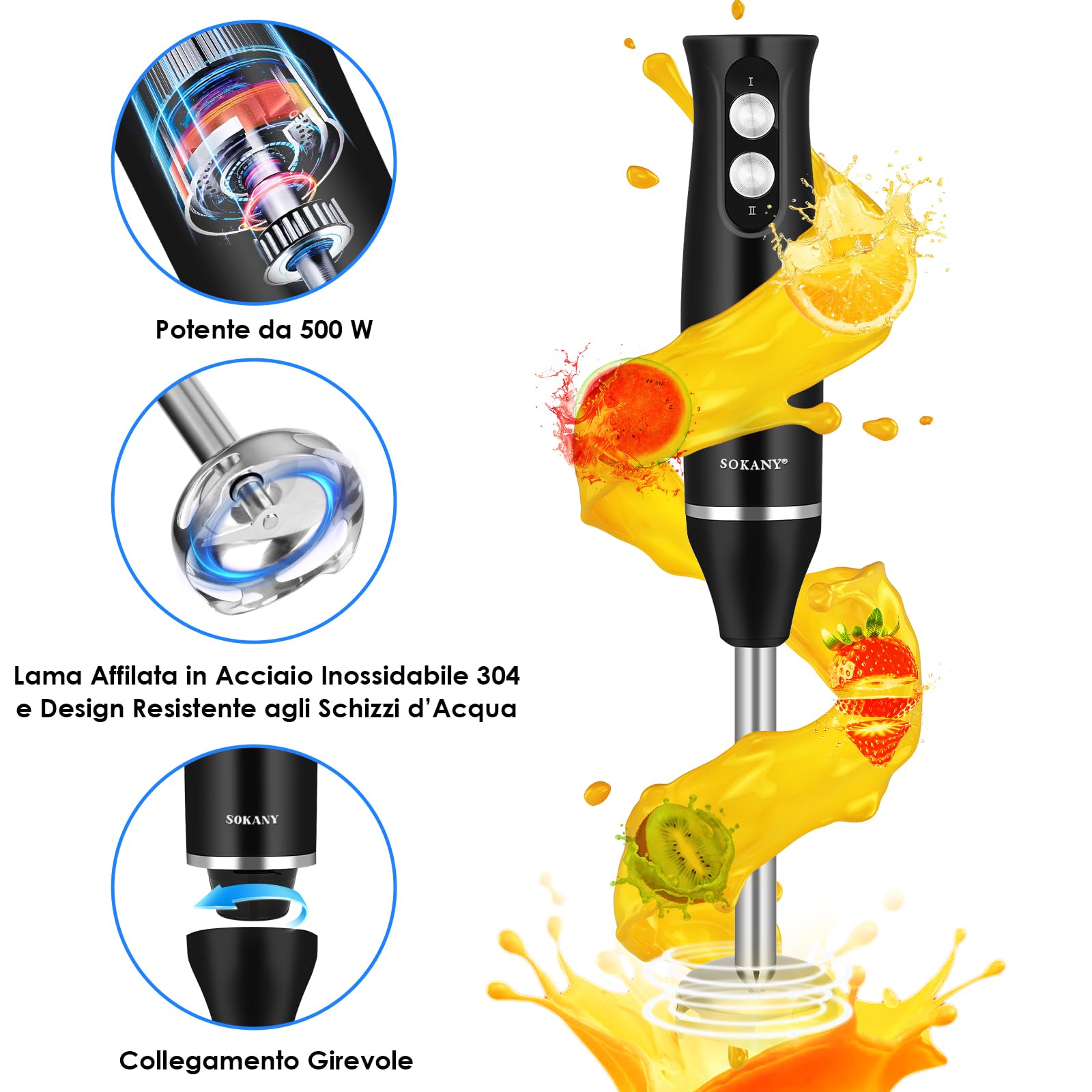 Mixer Immersione 4-In-1, 500 W Frullatore Tritatutto Multifunzione, 2 Velocità, con Frusta e Tritatutto da 500 ml e Misurino da 700 ml per Frullati, Zuppe, Salse, Yogurt, Alimenti Bambini