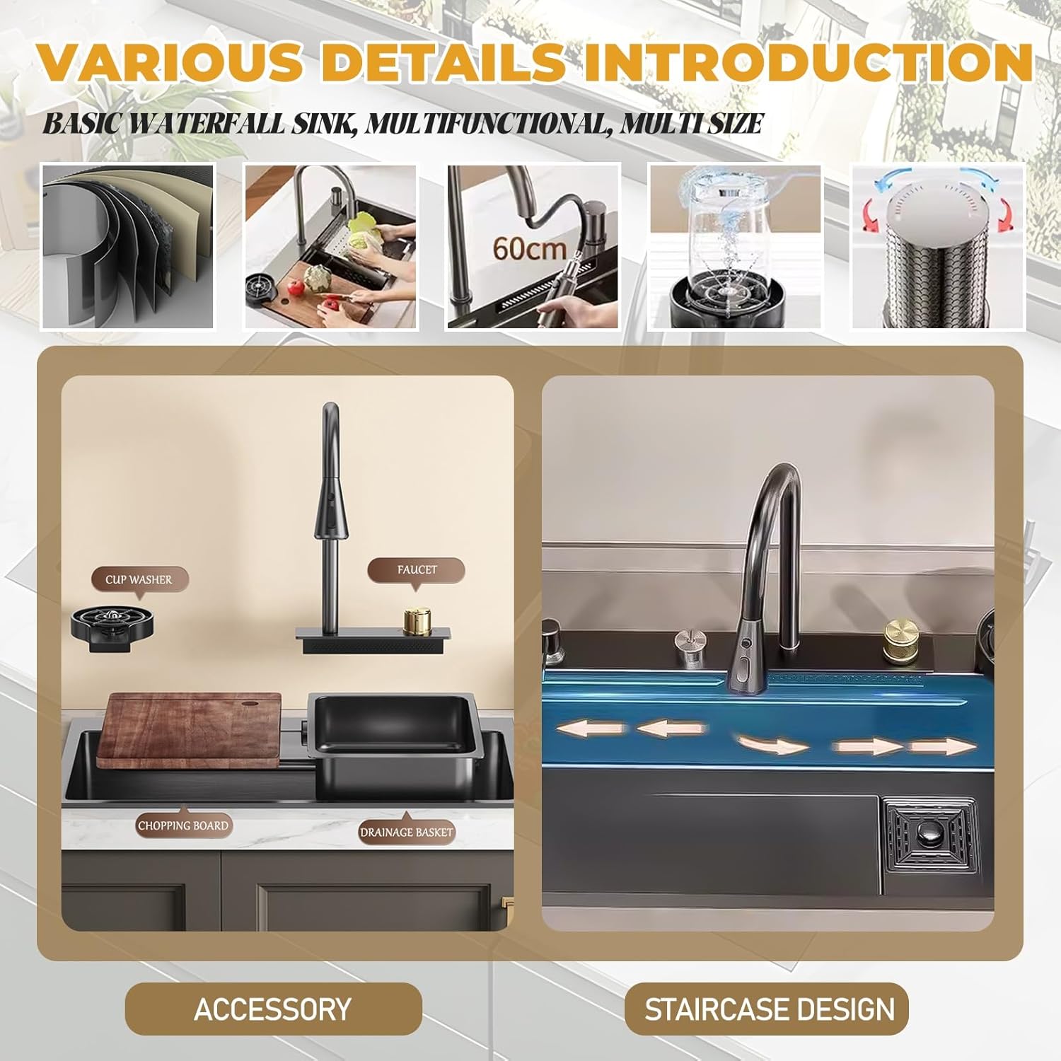 DSMRLEOP ブラックの高級ウォーターフォールシンク、ステンレススチール製キッチンシンク、多機能ワークシンク、大型シングルボウル