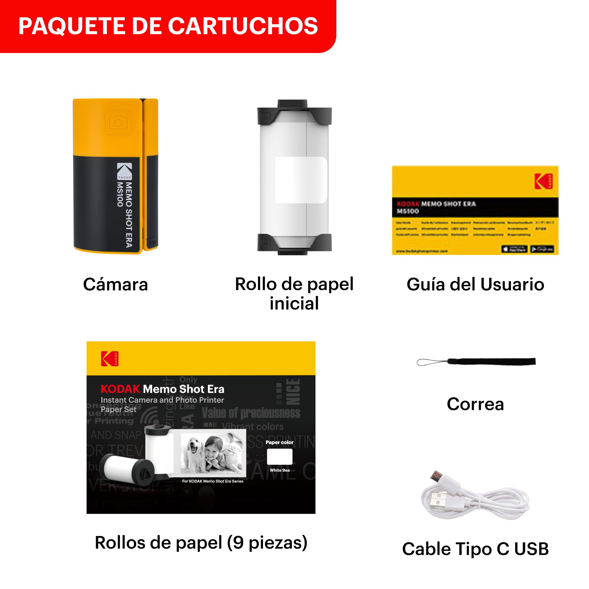 Kodak Memo Shot ERA MS100 Bundle - Imprimante Photo Autocollante + 9 Cartouches - Impression 2.7x1.8, Bluetooth, Compatible iOS/Android, Impression en 25s, Appli Kodak Memo Incluse - Jaune