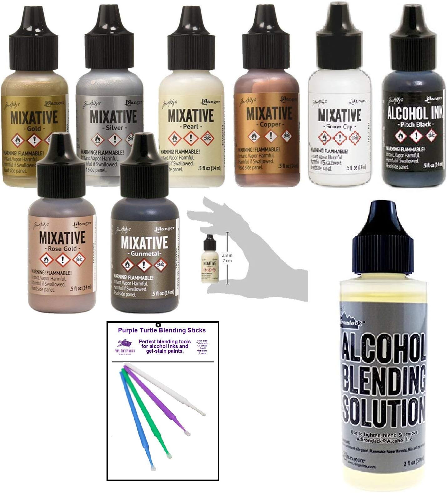 Ranger Tim Holtz Alcohol Ink Mixatives Bundle - All 8 Colors, Pearl, Copper, Silver, Gold, Snow Cap, Rose Gold, Gunmetal, Pitch Black, Blending Tools and Alcohol Solution