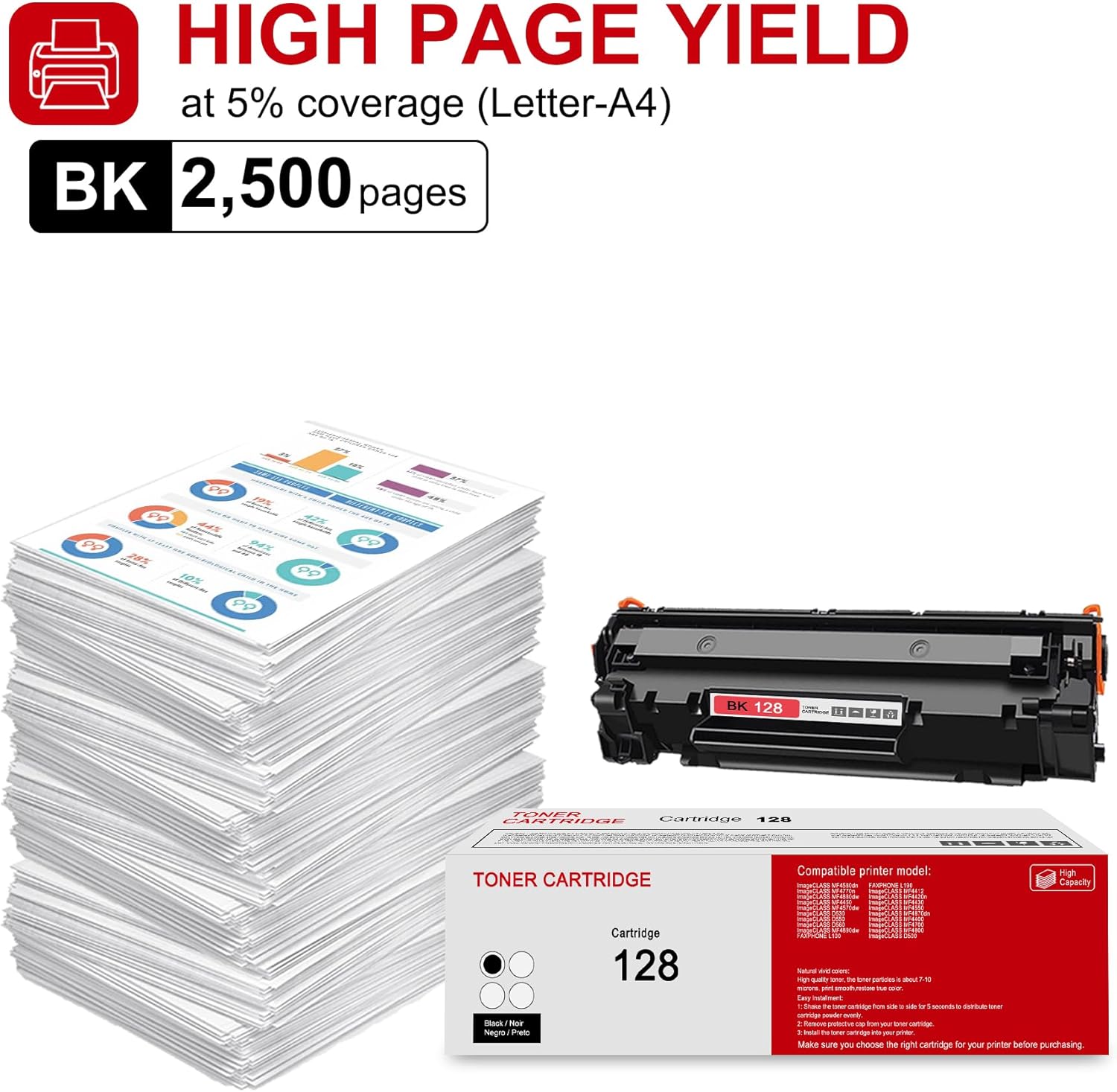 1 Pack 128 3500B001 Black Toner Cartridge: Compatible CRG 128 3500B001 Replacement for Canon ImageCLASS MF4580dn MF4880dw D530 MF4870dn MF4400 Series D500 Series FAXPHONE L100 Printer